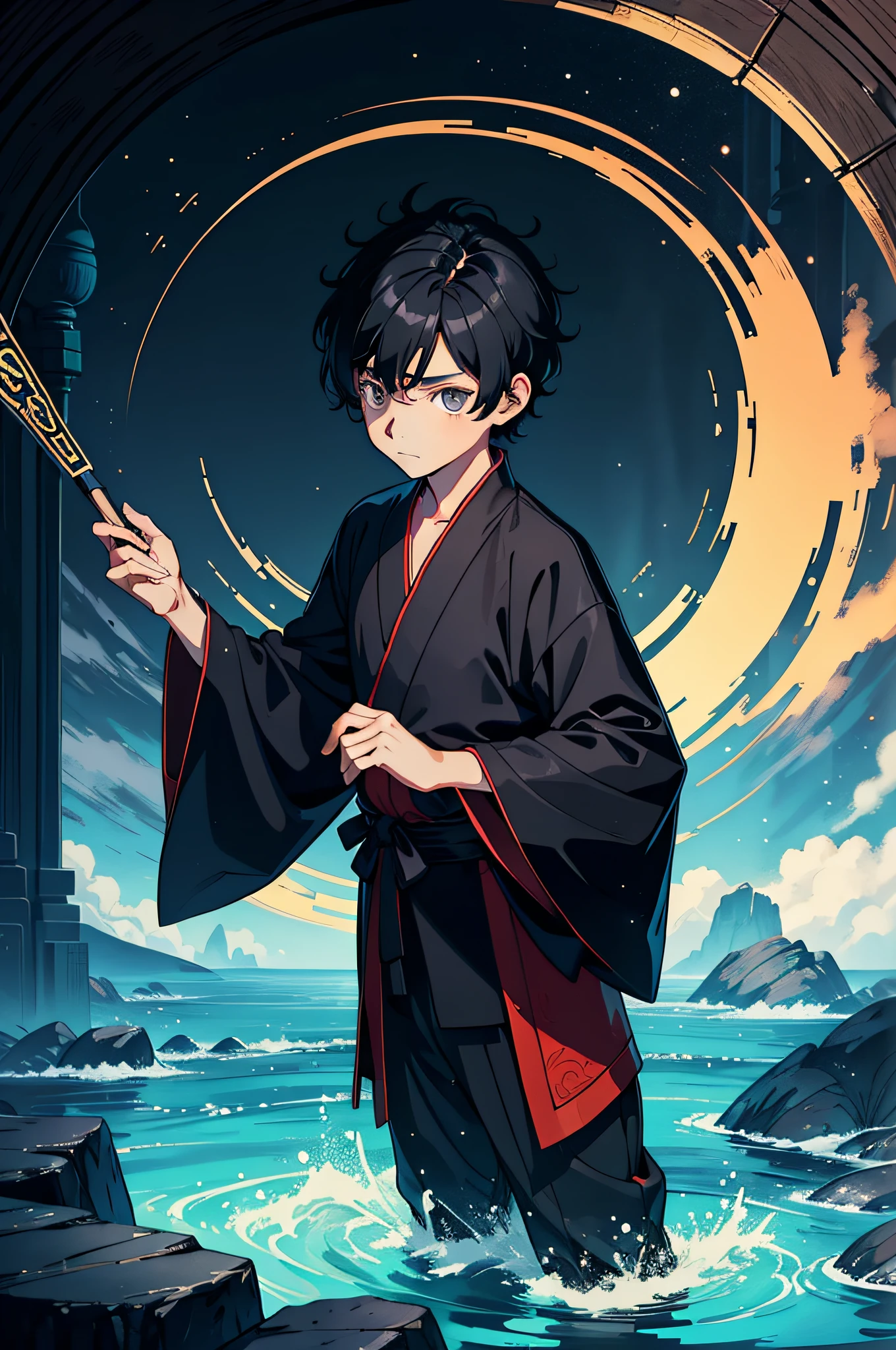 A ten-year-old boy with short black hair wearing a Taoist robe