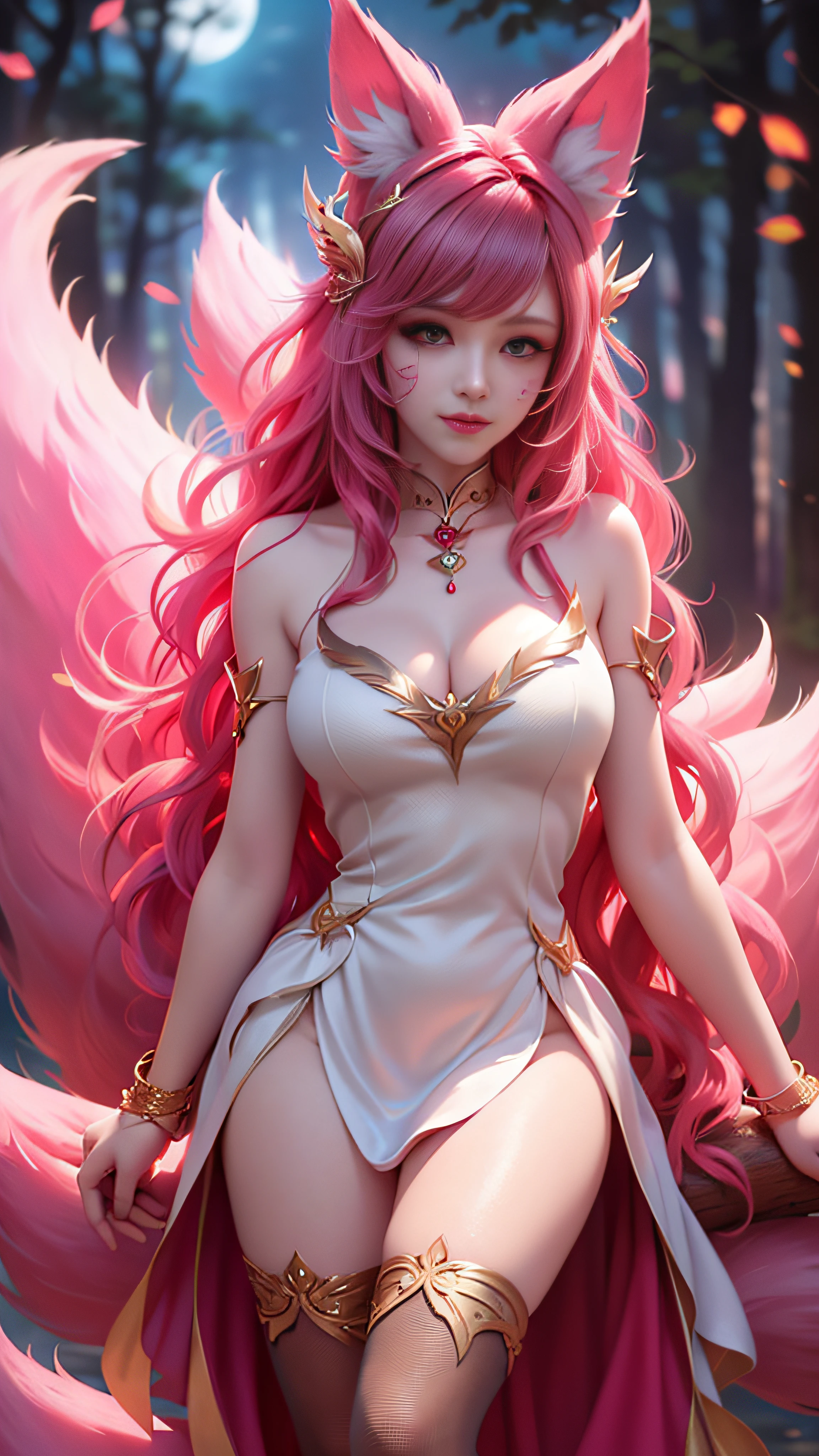 Super beautiful shining eyes、Face lighting,Bright backlight,medium breasts,超A high resolution,Best Quality,Photos,4K,(Realistic:1.2),
1 girl,Cute,Cosplay,ahri (League of Legends),Looking at Viewer,(Moderate breasts:1.1),Nine Tails,long ears,Green eyes,(Long wavy hair:1.2),White and gold headdress,Red and gold cheongsam,(Thigh height stockings:1.3),Red high heels,Red and gold bracelet,In the moonlit forest,