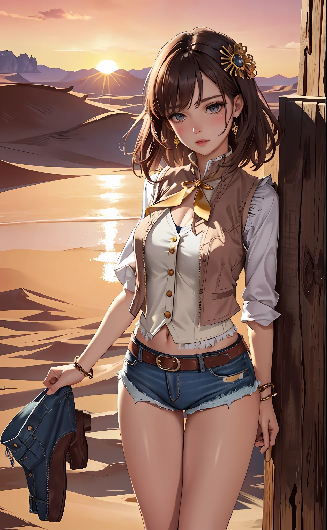 (masterpiece:1.4, best quality), (intricate details), unity 8k wallpaper, ultra detailed, beautiful and aesthetic, perfect lighting, (1girl), dynamic pose, dynamic angle,  lipstick, slim, slim body, medium breasts, (Festival_fringe_vest:1.4),(Ripped_denim_shorts:1.3),(Cowboy_boots:1.2),(Desert_sunset_background:1.4), detailed background, realistic, solo, perfect detailed face, detailed eyes, highly detailed, blush, hair ornament, medium hair,