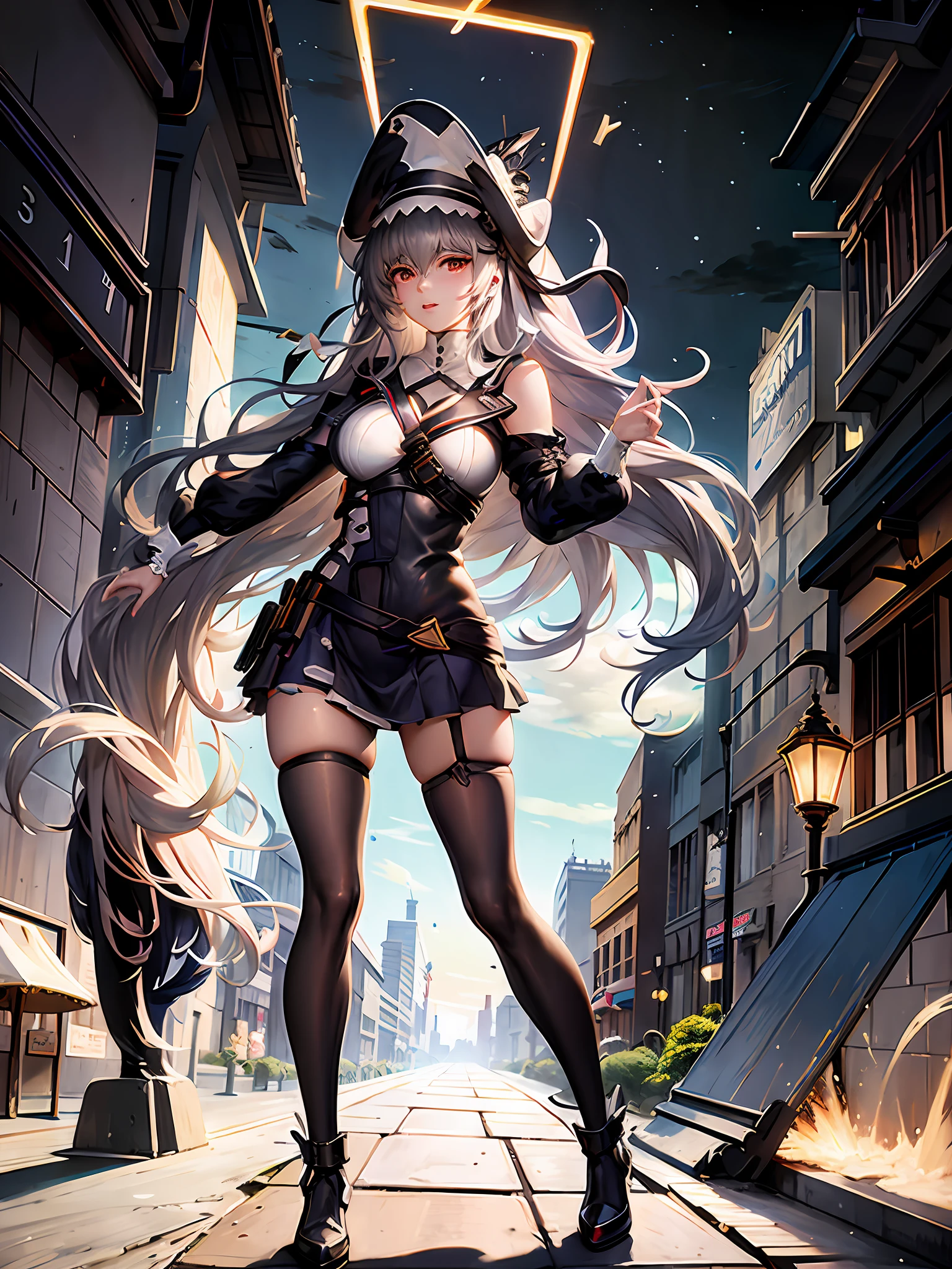 Anime girl in black and white costume standing on the street, from girls frontline, Kantai collection style, girls frontline style, trending on artstation pixiv, From Arknights, Girls Frontline CG, Fine details. Girl Front, azur lane style, Guweiz in Pixiv ArtStation, A scene from the《azur lane》videogame, girls frontline universe,Hand redraw,Detail deepening,big breasts exposed cleavage