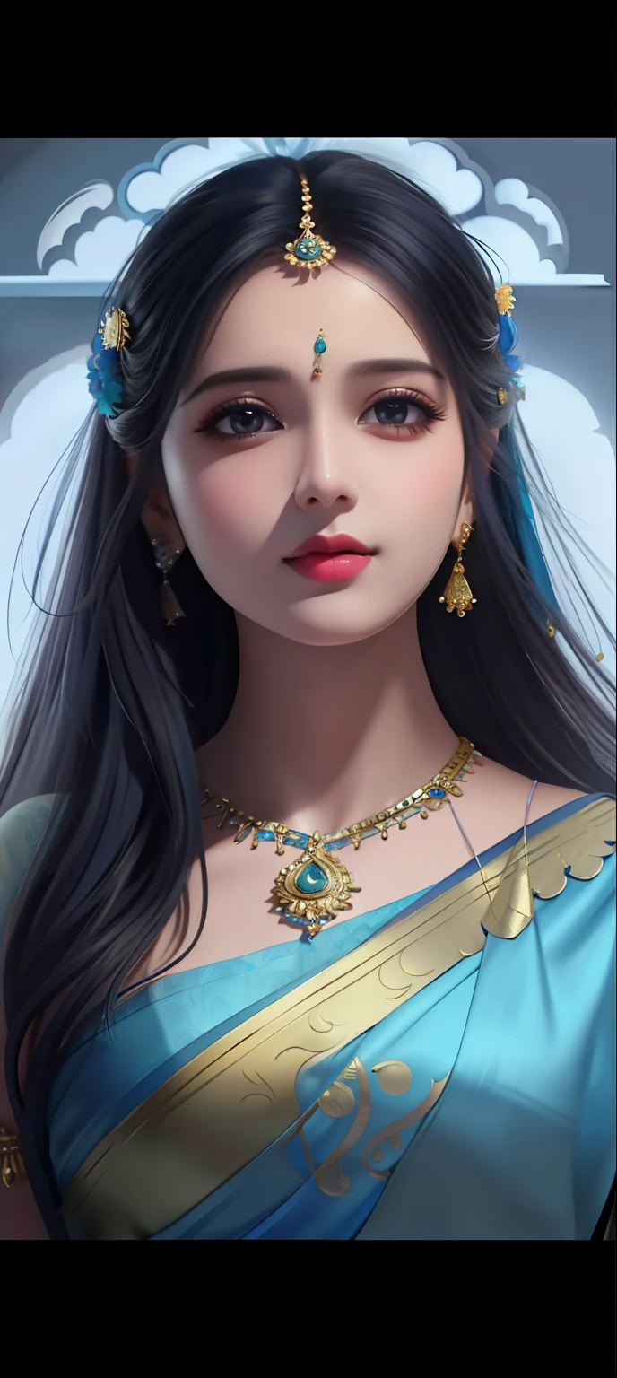 anusha in a blue sari with gold jewelry, beautiful character painting, realistic digital art 4k, realistic digital art 4 k, realistic cute girl painting, detailed beautiful portrait, detailed painting 4 k, painting of beautiful, 8k high quality detailed art, realistic digital painting, gorgeous digital painting, beautiful digital painting, beautiful digital artwork, 8 k realistic digital art