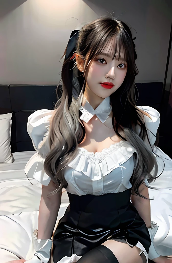 ((Vista photos)),(((1个Giant Breast Girl)),Ray traching,(dim murky lights),[detailedbackground(Bedrooms)),((Silvery hair)),((Silvery hair)),(((((Fluffy silver hair,plump and slender girl))Wears a high ponytail)))Avoid golden eyes in the ominous bedroom((((Girl in embroidered black high waisted pantyhose:1.5)There are also white ruffled bow gloves),It shows a delicate and slender figure and beautiful curves,Correct limbs,sit on a bed,(Transparent stockings on the left side of the buttocks are exposed:1.5),(Clear black stockings:1.5)