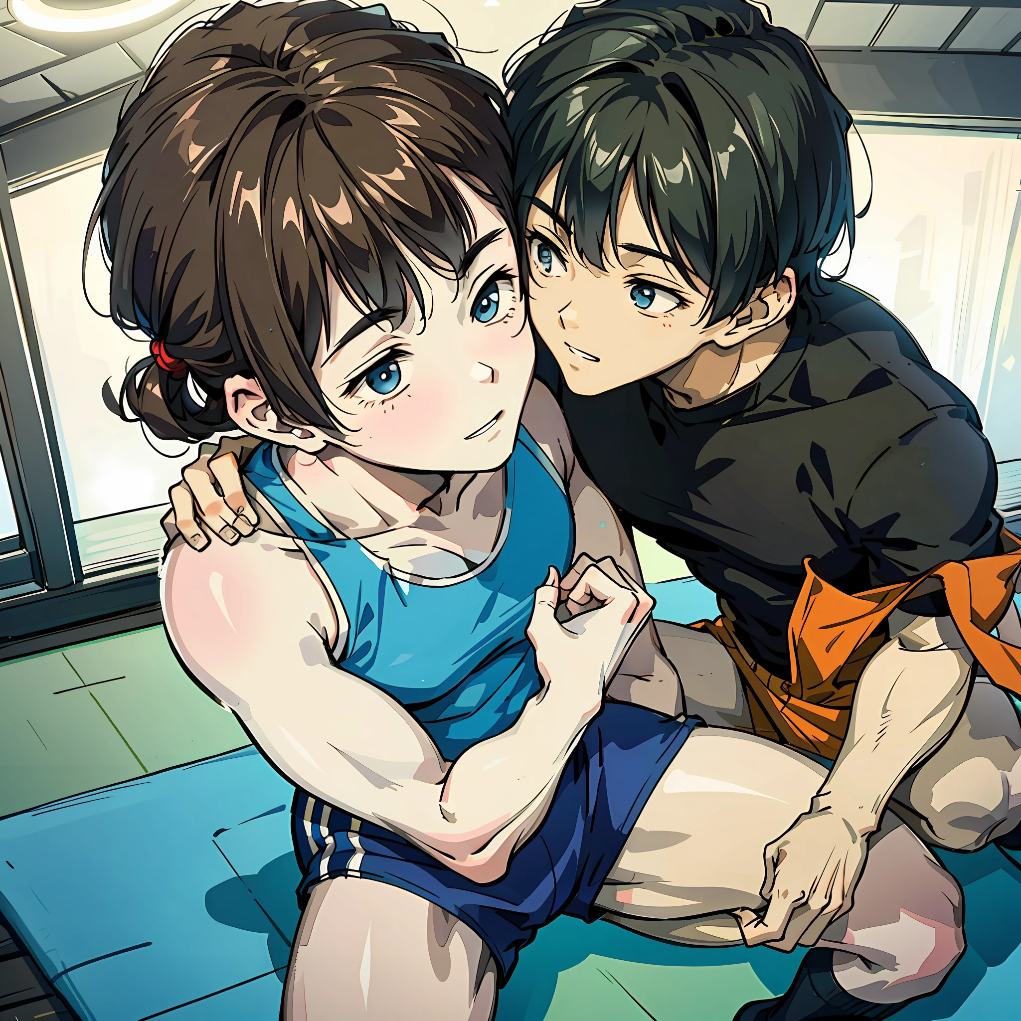 Two men doing yoga in a gym,Intimate contact,cartoonish style