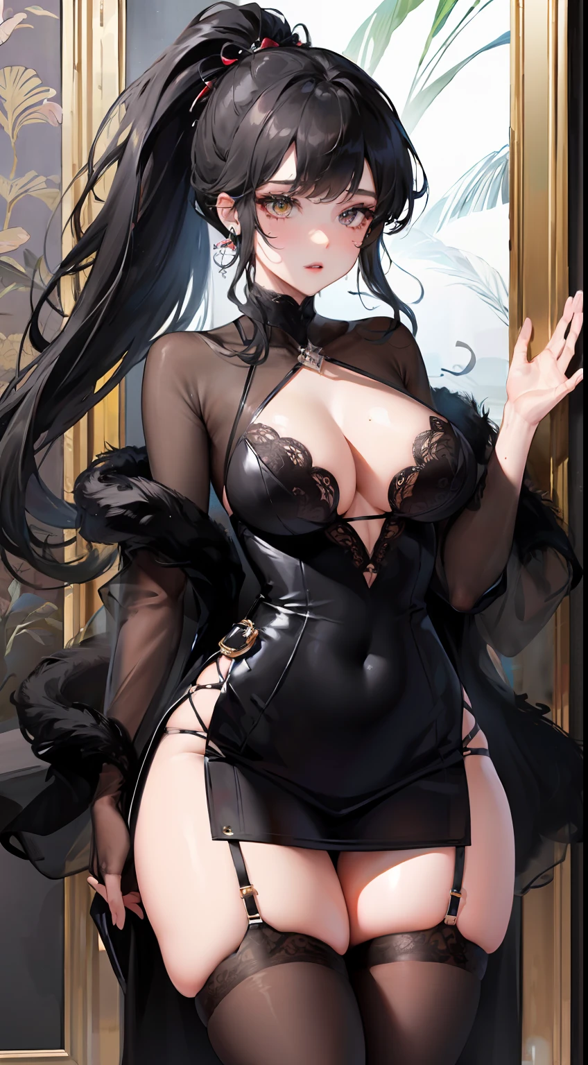 1girll，beauitful face，Celebrity，High ponytail，Sexy body，black color dress，The chest has black transparent tulle，Bare legged，Black booties，tmasterpiece，8K，high qulity，