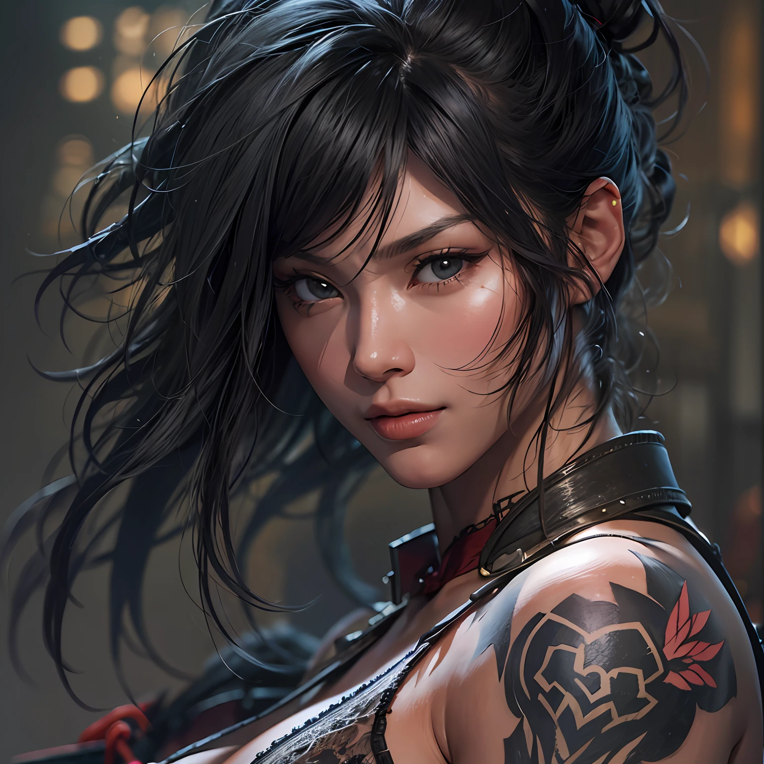 Black hair, Female ninja,Valkyrie,Just returned from the battlefield, Japanese and European mixed women, Evil smile,ultra-realistic realism, 8K sexy,Muscles with clear lines, super detailing, Anatomically correct, komono,rebelliousness,There are very characteristic tattoos on the body,sensual lingerie