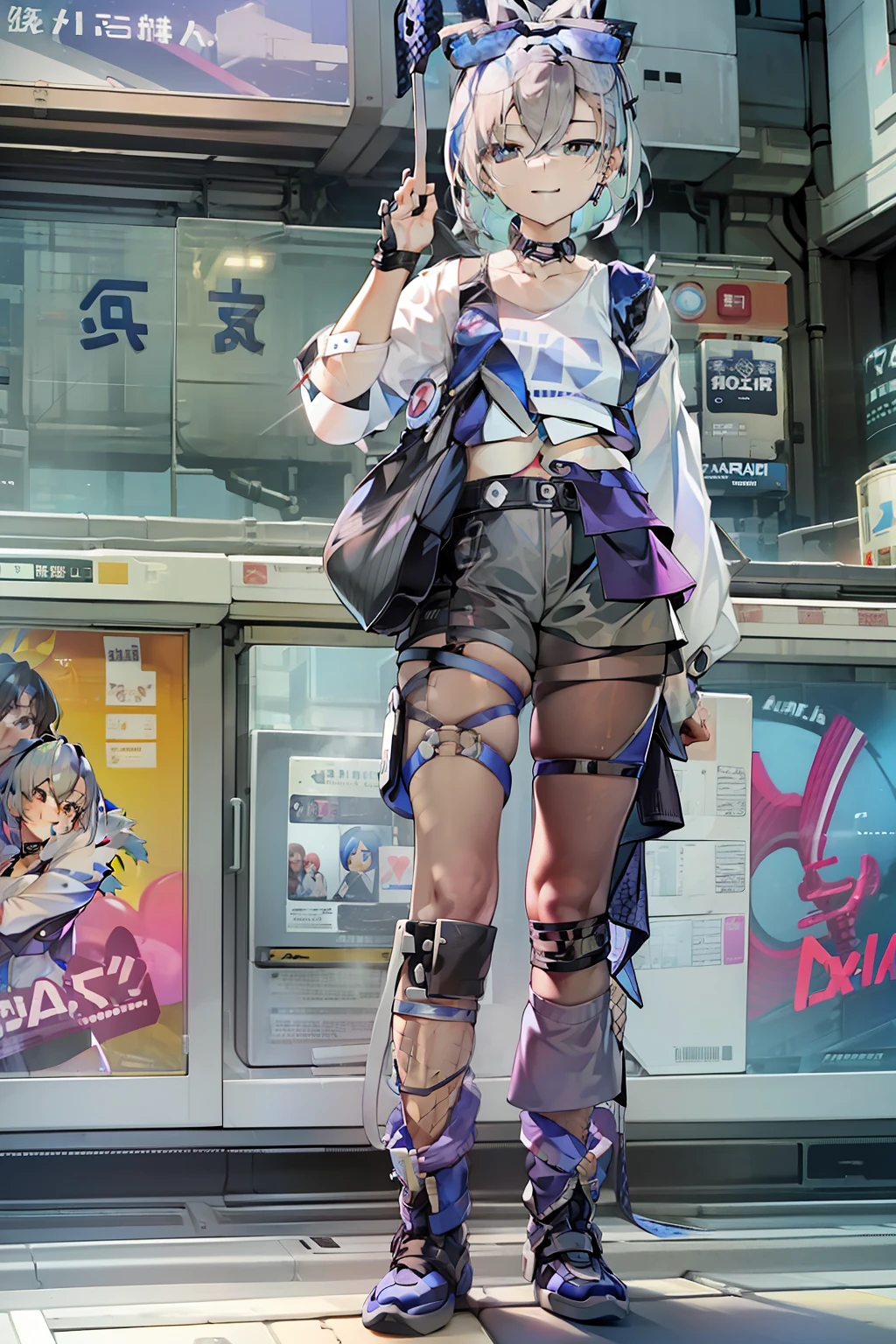 Beautiful woman medium hair、hated、cyberpunked、a short bob、a blond、White Summer Knitted Cap、 odd eye、blue right eye、Green left eye、Blue Leather Vest、Long white T-shirt、White Cargo Pants、Black Engineer Boots、head phone、Carried a sword on his back Japan、Sprint、In front of Shibuya Station、natta、Well-formed fingertips of both hands、Full body like、Colossal tits、A smile、Extend your left hand to us