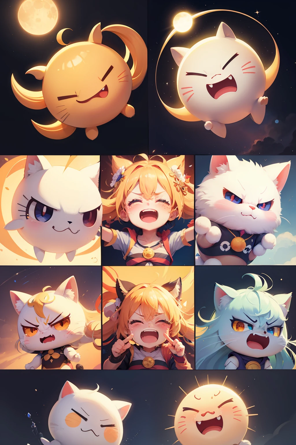 multiple poss and expressions,happy,angry,sad,cry,cute,sun,moon