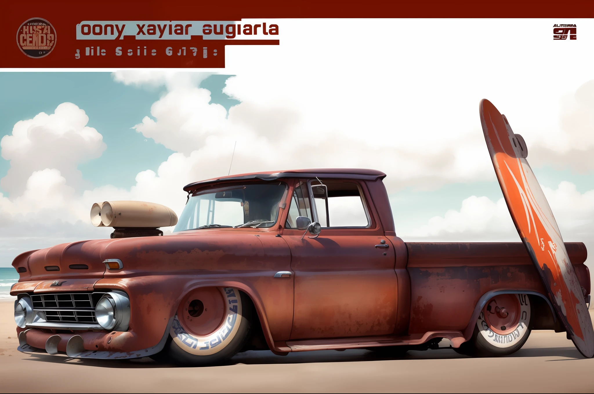 hyper realism Rusty hyper realistic old truck with surfboard on top of it on a white background, (Foto RAW, best quality), (Realistic, photo-realistic:1.2) insanamente detalhado c 10.0, Greg Rutkowski - C 1 0, Estilo Lowrider, Swagger! Cultura Lowrider, Lowriders, rusty vehicles, Carros enferrujados!!, carro feito de carne, enferrujado, alguma ferrugem, bem detalhado, imagem ultra realista , fundo com linda paria com céu lindo 🔥 😎 🕹️ 👀 :2,