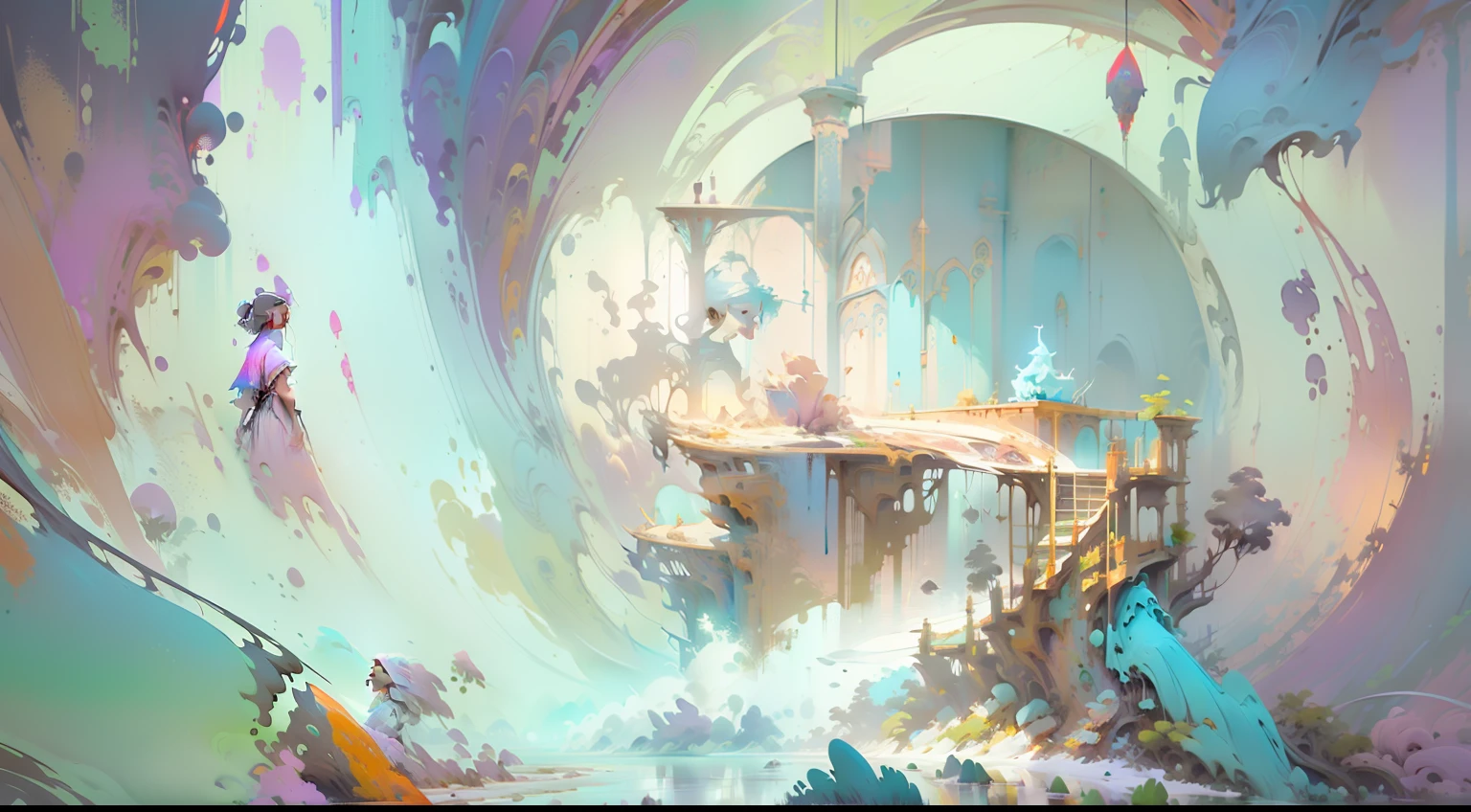 Ultra-detailed fine pigments spread out in the foreground like a tunnel of pigments,Inside is a room with windows and easels,A fell, computer painting, beautiful glitch art dream, expressive digital painting, 4K!, noisy and glitched, interior background art, It's a bit abstract, blurry and dreamy illustration, low details. Digital painting, databending, expressive digital painting, stylized painterly,concept-art, surrealist, Oil painting, aquarelle, rendering by octane, ultra - detailed, magic, fantasy, Fairy. Josephine Wall, Adrian Chesterman, art stations, 4K, Symmetrical, Soft lighting, trending on artstationh, Intricate details, Highly detailed, pencil drawing, sketching, illusory engine, Oil painting, Heavy strokes, paint drips, Oil painting, Heavy strokes, paint drips, Oil painting, Heavy strokes, paint drips, Oil painting, Heavy strokes, paint drips, extra depth, kids story book style, pastel colour, Watercolor style colorful conceptual art, jen bartel, digital concept art illustration, magical concept art, detailed digital concept art, concept art magical highlight, magical fantasy 2 d concept art, Rosla global lighting, High quality digital concept art, concept art digital illustration, emotional concept art, beautiful concept art