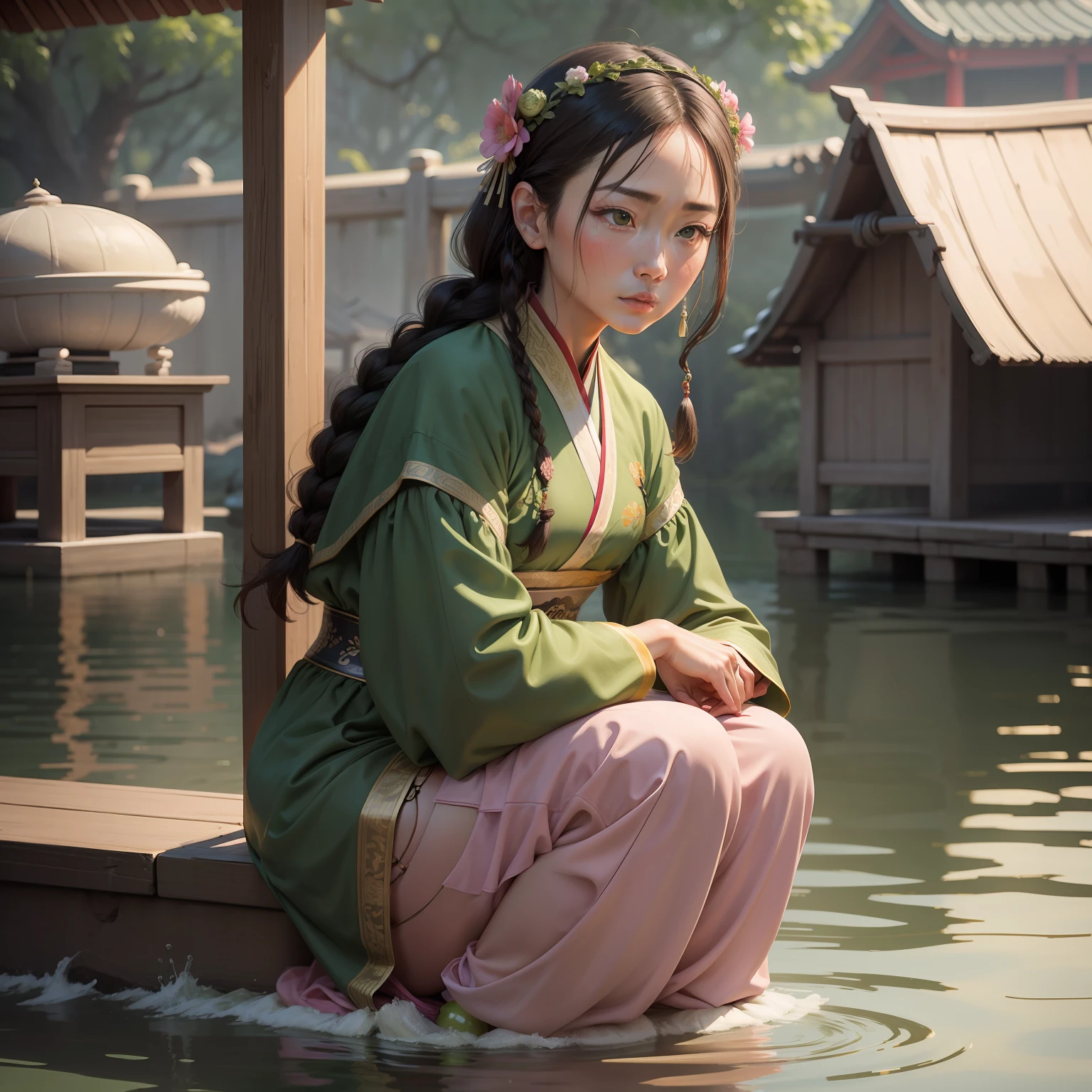 Masterpiece, Best quality, Daytime, Outdoor, Water's Edge, festivity, celebrating, A woman who is, Mature woman, Chinese style, Ancient China, sister, Imperial sister, Cold expression, Expressionless face, Dark brown hair, Green eyes, Single strip of fried dough twisted braid, Coiled hair, Double ball head, Green clothes, Light pink lips, calm, Intellectual, Media distribution, Hairpin, doctor, herbal medicine