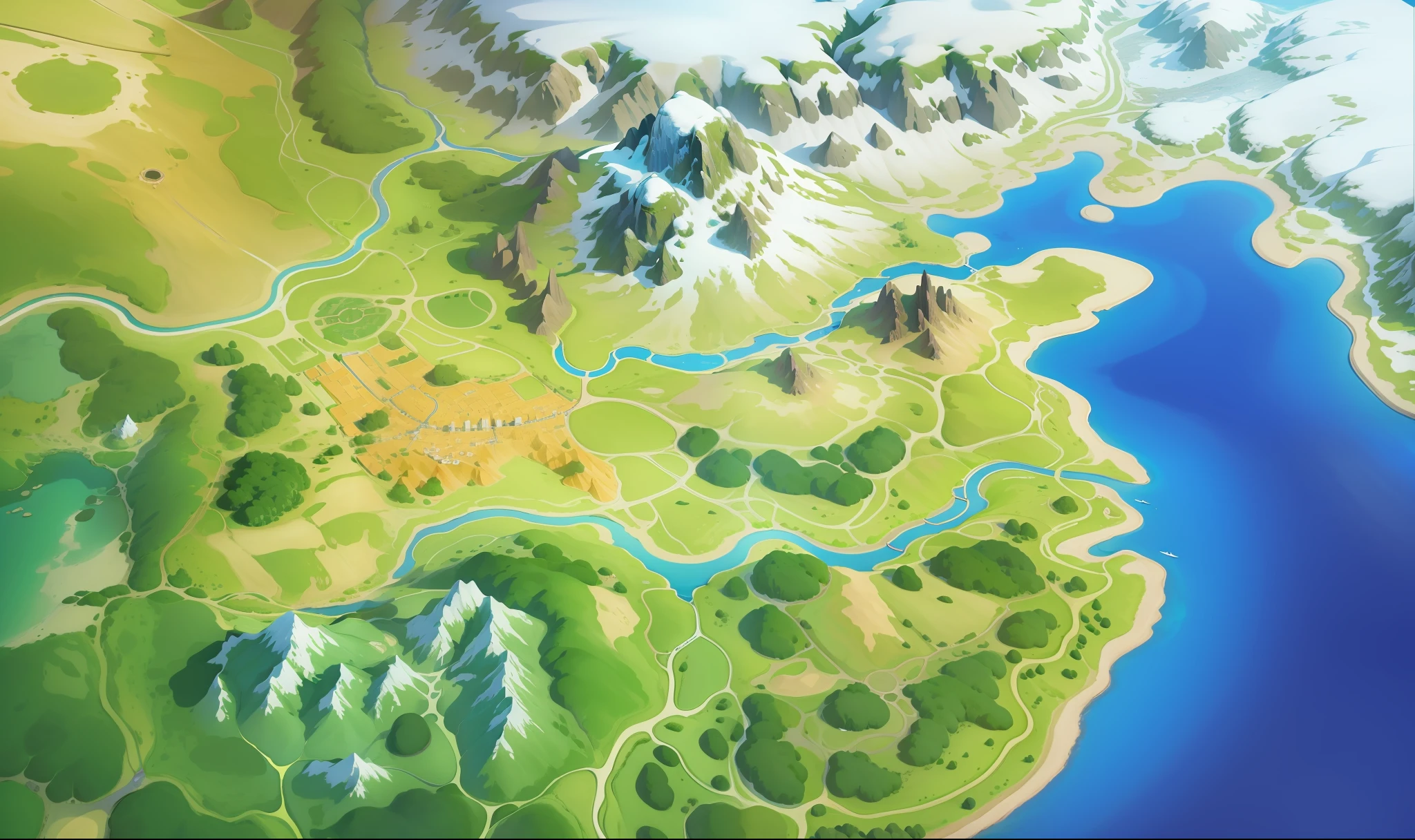 best quality, master piece, aerial photo, environment concept art, game environment, isometric, (aerial view), (landscape illustration of aerial view, mountaint, river, road, land, sea), master pieace, (anime render style), (beautiful aerial view), beutiful art work (super detailed rendering), (best quality)