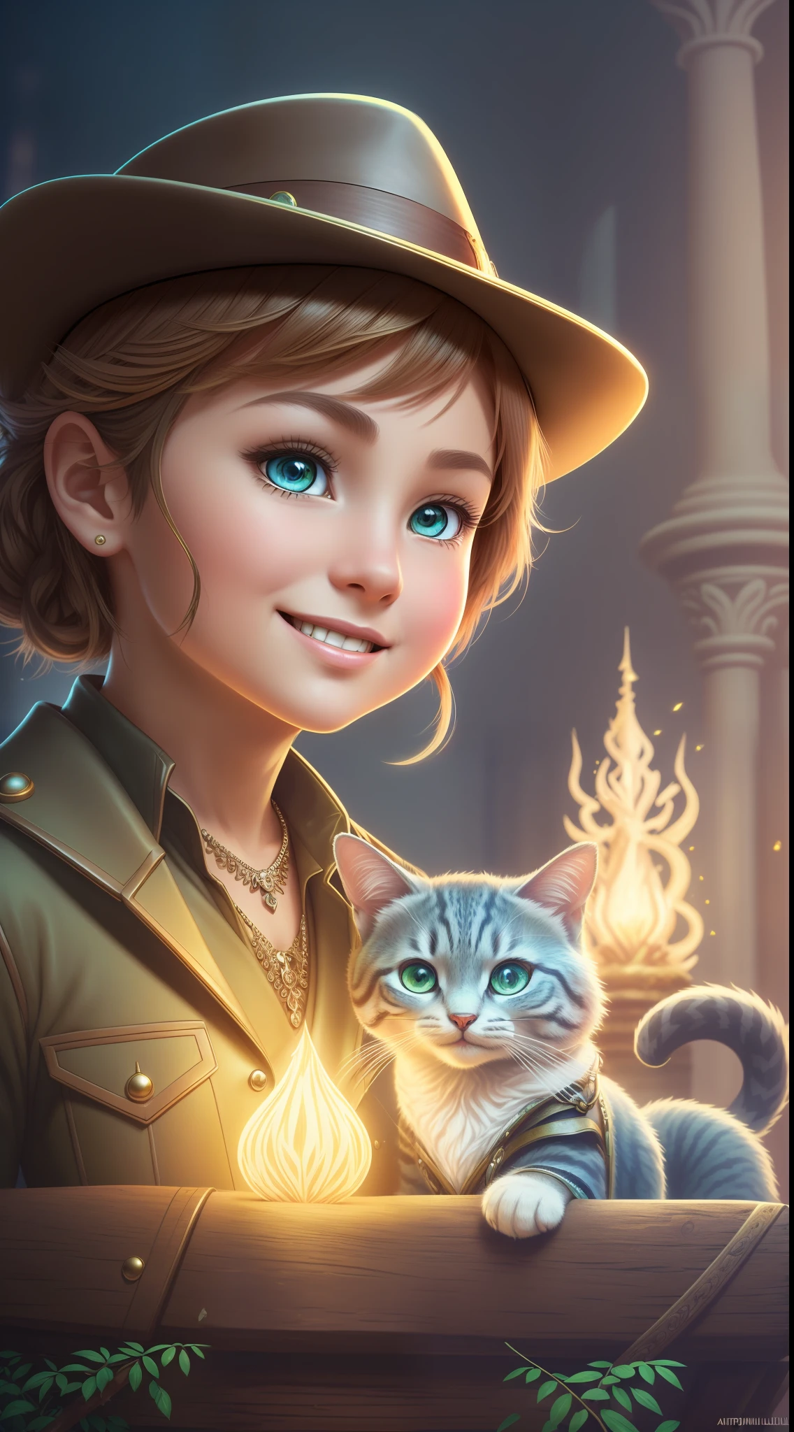 luminous, Cinematic, 64k super detail, Close-up fantasy, researcher, cute animal and adorable smiling anthropomorphic cat Indiana Jones in berets, Indiana Jones Hat, Intricate, Detailed, Clear, Focus eyes, Jungle, 64k resolution, Ultra-detailed sharpness, Surellism, Lawyer Sari Art Highly detailed background Fantasy Intricate masterpiece Centered Perfect composition Dynamic lighting Complex Highly detailed room background Detailed children's book illustration Fantasy Filigree Filigree Detailing Intricate cute swirling colors Fairy tale background