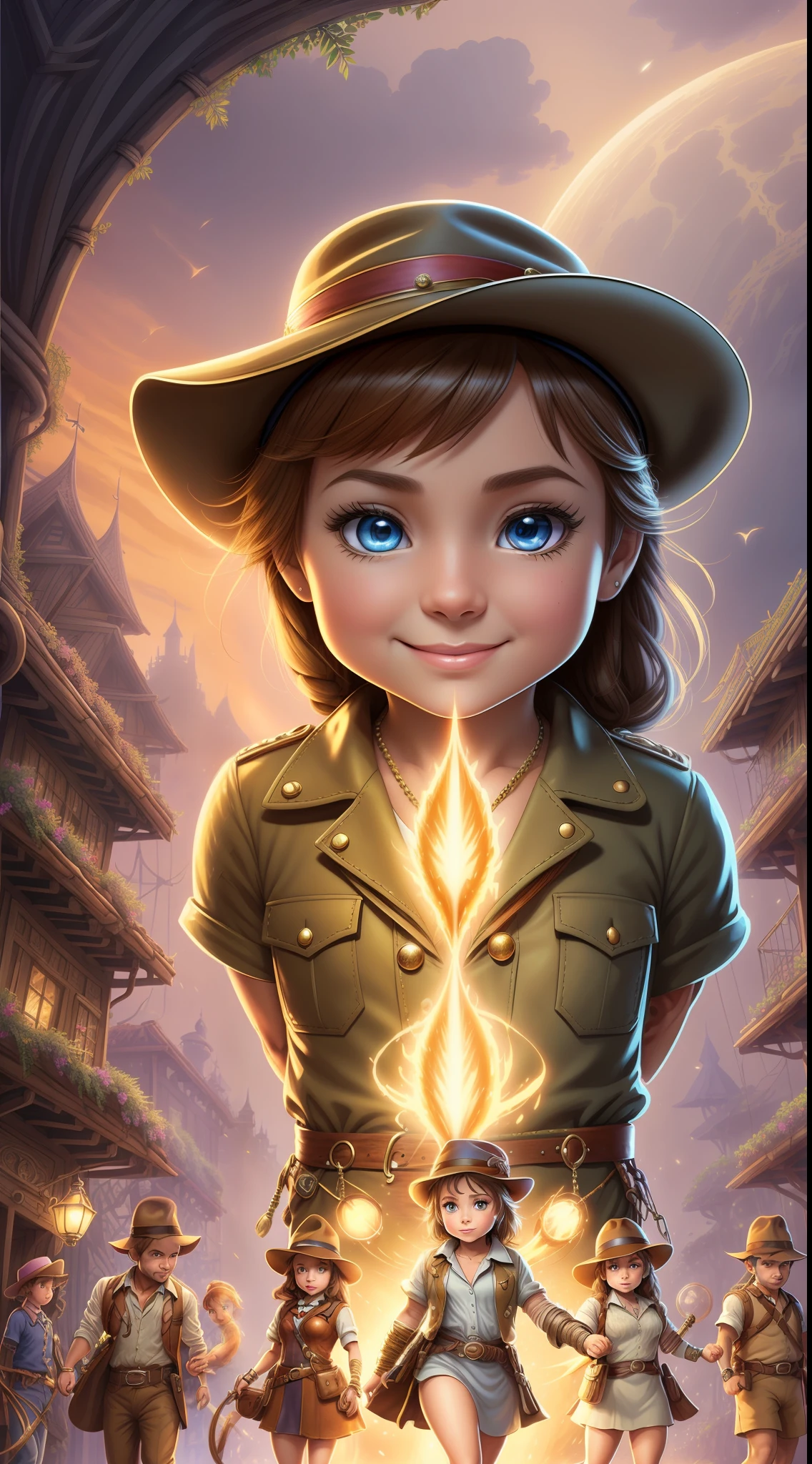 luminous, Cinematic, 64k super detail, Close-up fantasy, researcher, cute animal and adorable smiling anthropomorphic cat Indiana Jones in berets, Indiana Jones Hat, Intricate, Detailed, Clear, Focus eyes, Jungle, 64k resolution, Ultra-detailed sharpness, Surellism, Lawyer Sari Art Highly detailed background Fantasy Intricate masterpiece Centered Perfect composition Dynamic lighting Complex Highly detailed room background Detailed children's book illustration Fantasy Filigree Filigree Detailing Intricate cute swirling colors Fairy tale background