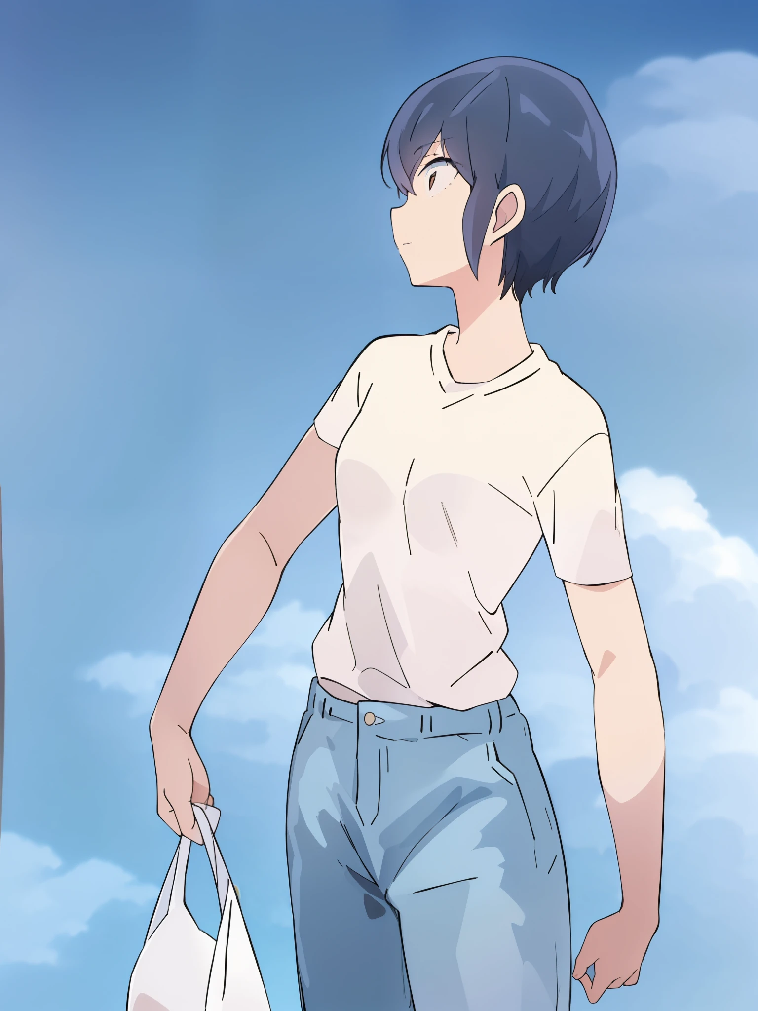 Short cut girl in white t-shirt and jeans、Holding a package in a white plastic bag in his right hand、Background white、Illustration of light shades of pencil and ink