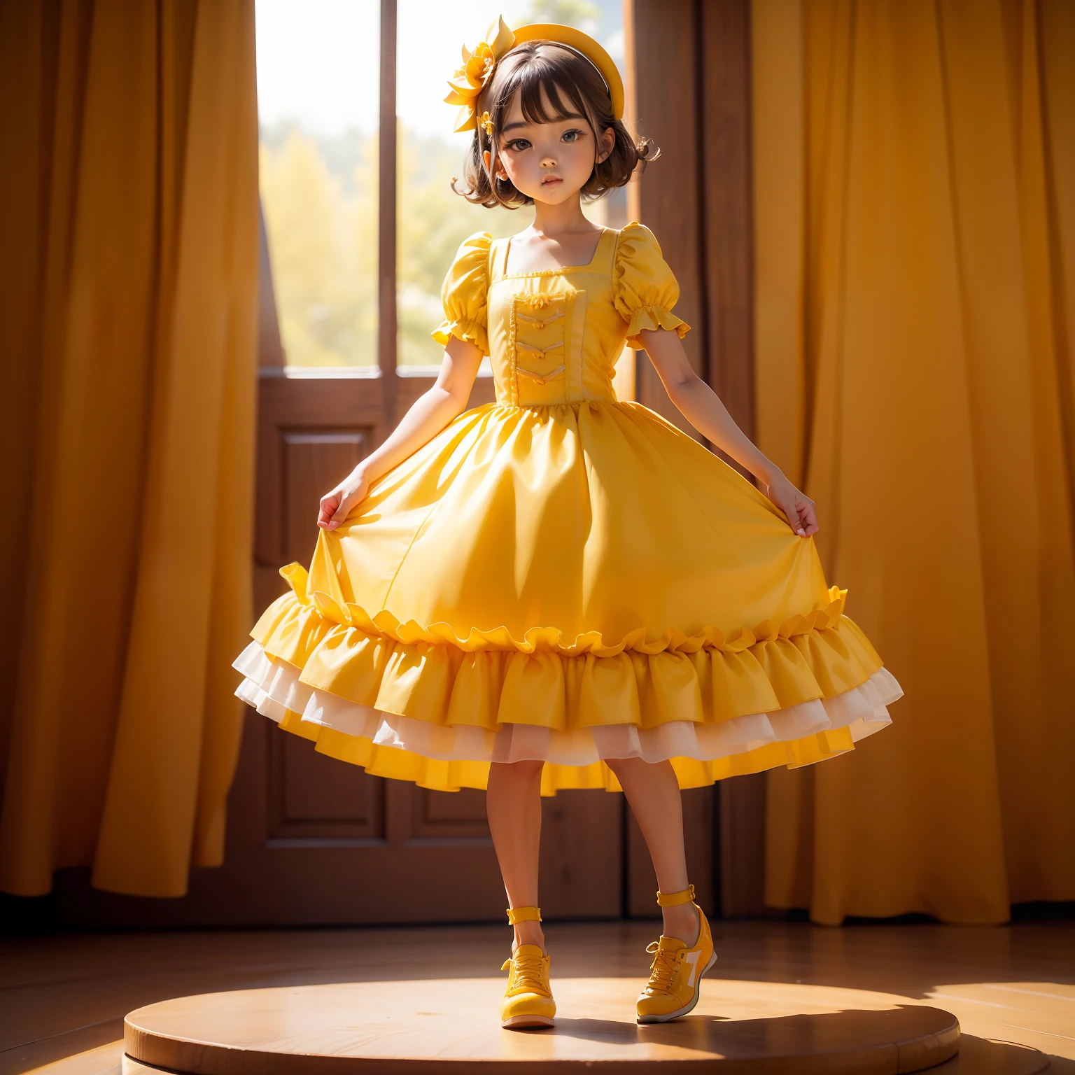 Mango cake anthropomorphic A girl in a yellow princess dress with shoes standing on a mango cake Sunshine