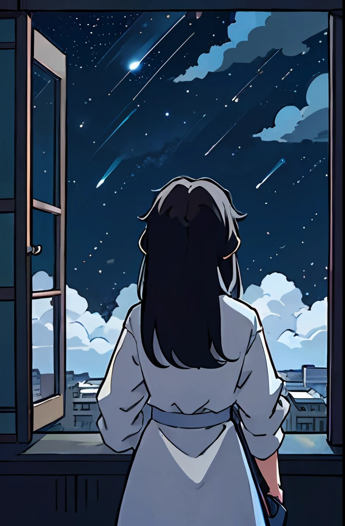 (best-quality:0.8), (best-quality:0.8), perfect anime illustration, of a girl having long black hair, facing away from the camera, looking outside the window to the sky, a view seen from behind and afar, night sky, stars and clouds in the sky, only her back and head is visible