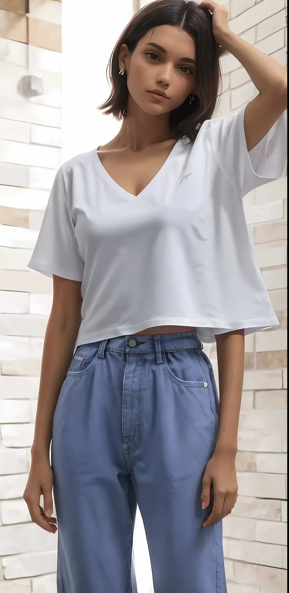 uma mulher linda em um top branco e saia jeans azul muito curta, usando um top cropped sexy, topo de corte, tampo branco, usando topo de corte, top de corte baixo, usando um top cropped, usando um top bonito, usando um topo de corte, wearing v - neck top, wearing white v - neck top, usando um top cropped, Topo de colheita, Roupa aberta v peito, saia curta e sexy tem.