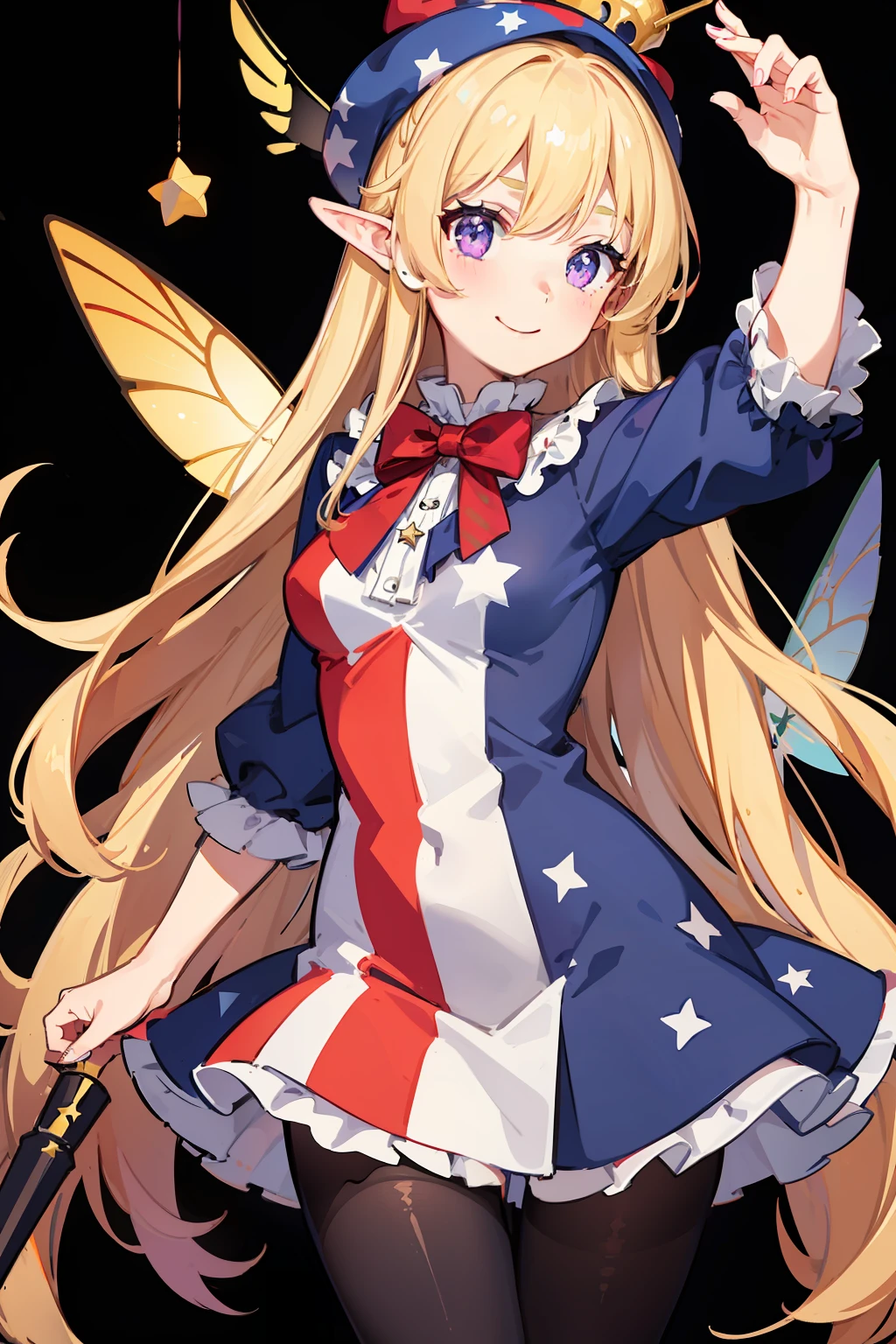 1girl,american_flag,american_flag_dress,american_flag_legwear,blonde_hair,dress,fairy,fairy_wings,fire,frilled_shirt_collar,full_body,hat,jester_cap,long_hair,looking_at_viewer,neck_ruff,pantyhose,polka_dot,polka_dot_headwear,print_legwear,purple_eyes,short_dress,smile,solo,star_(symbol),star_print,striped,striped_dress,striped_legwear,torch,transparent_background,very_long_hair,wings,clownpiece