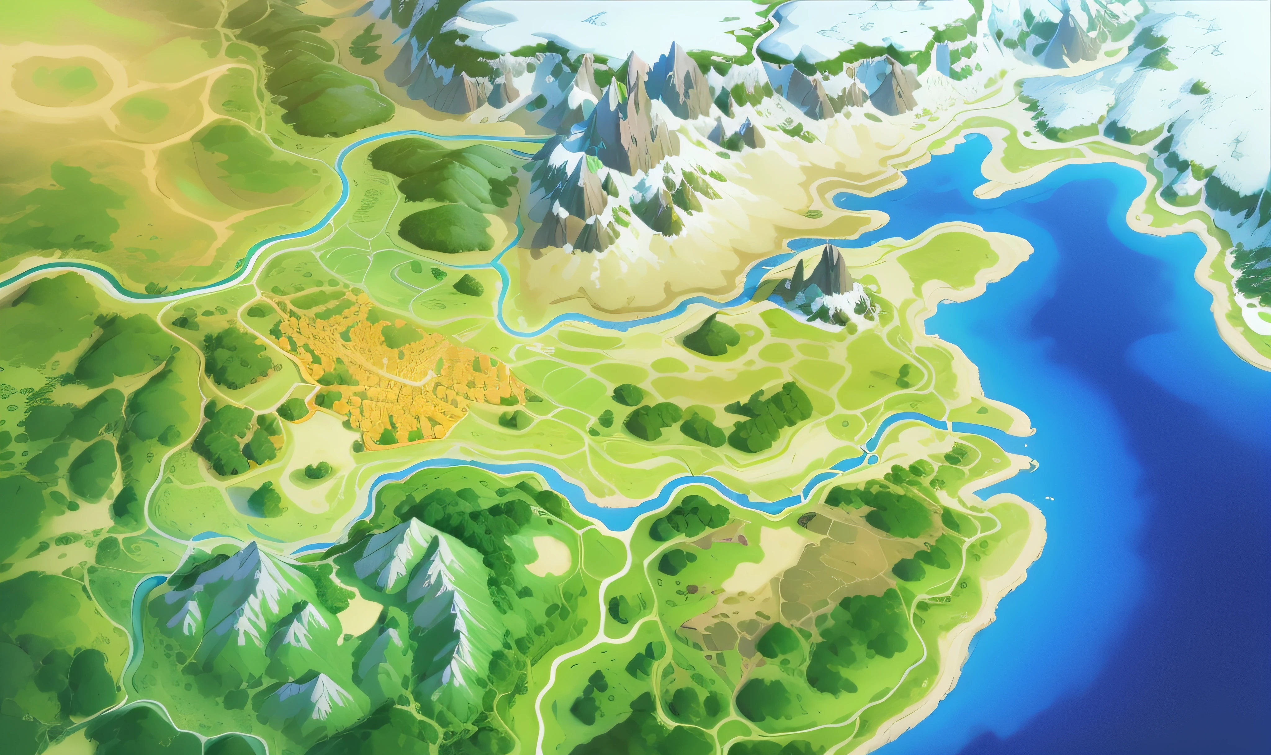 best quality, master piece, aerial photo, environment concept art, game environment, isometric, (aerial view), (landscape illustration of aerial view, mountaint, river, road, land, sea), master pieace, (anime render style), (beautiful aerial view), beutiful art work (super detailed rendering), (best quality)