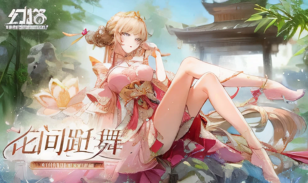 A woman in a pink dress sits on a rock in front of the building, a beautiful fantasy empress, Anime goddess, gilded lotus princess, inspired by Park Hua, Palace , A girl in Hanfu, Chinese fantasy, xianxia hero, trending on cgstation, queen of the sea mu yanling, trending at cgstation