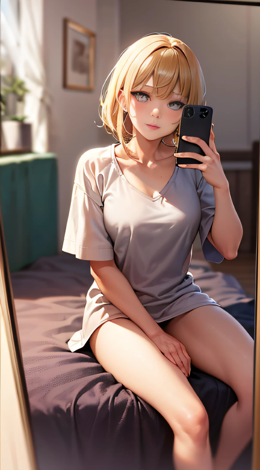 film grain and (medium full shot:1.2) and 8K HD RAW photo of one of the most beautiful swedish woman from instagram and (Selfie in a beautiful bedroom) and (legs apart and m legs showing ) and (sitting) and completely with no clothes on and looking contemptuously at the audience, mirror selfie, blonde short hair
, volumetrics dtx, (film grain, blurry background, depth of field, motion blur)
