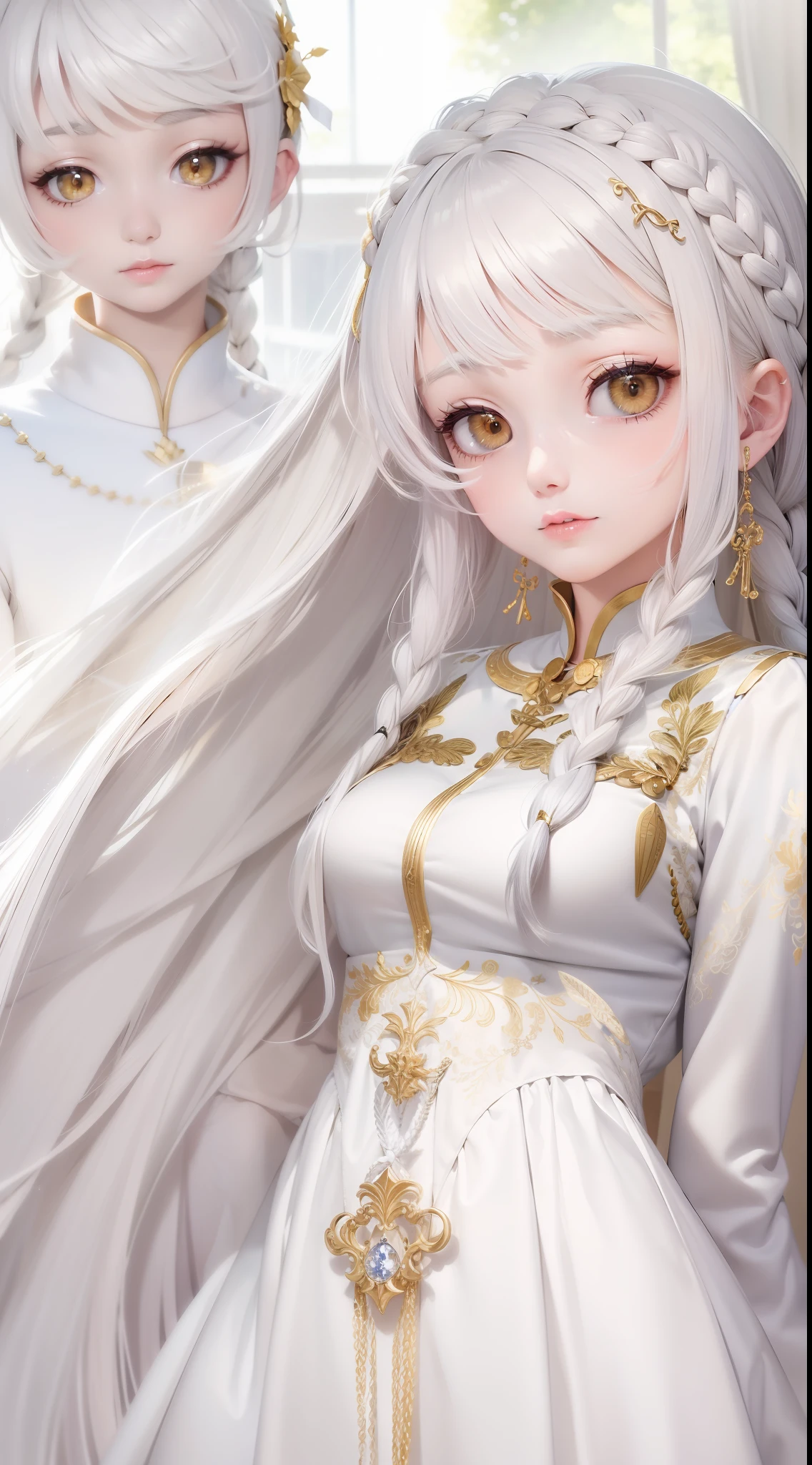best quality, masterpiece,white hair, gold eyes,white clothes, looking up, upper body,hair strand,Fair skin,side braids
