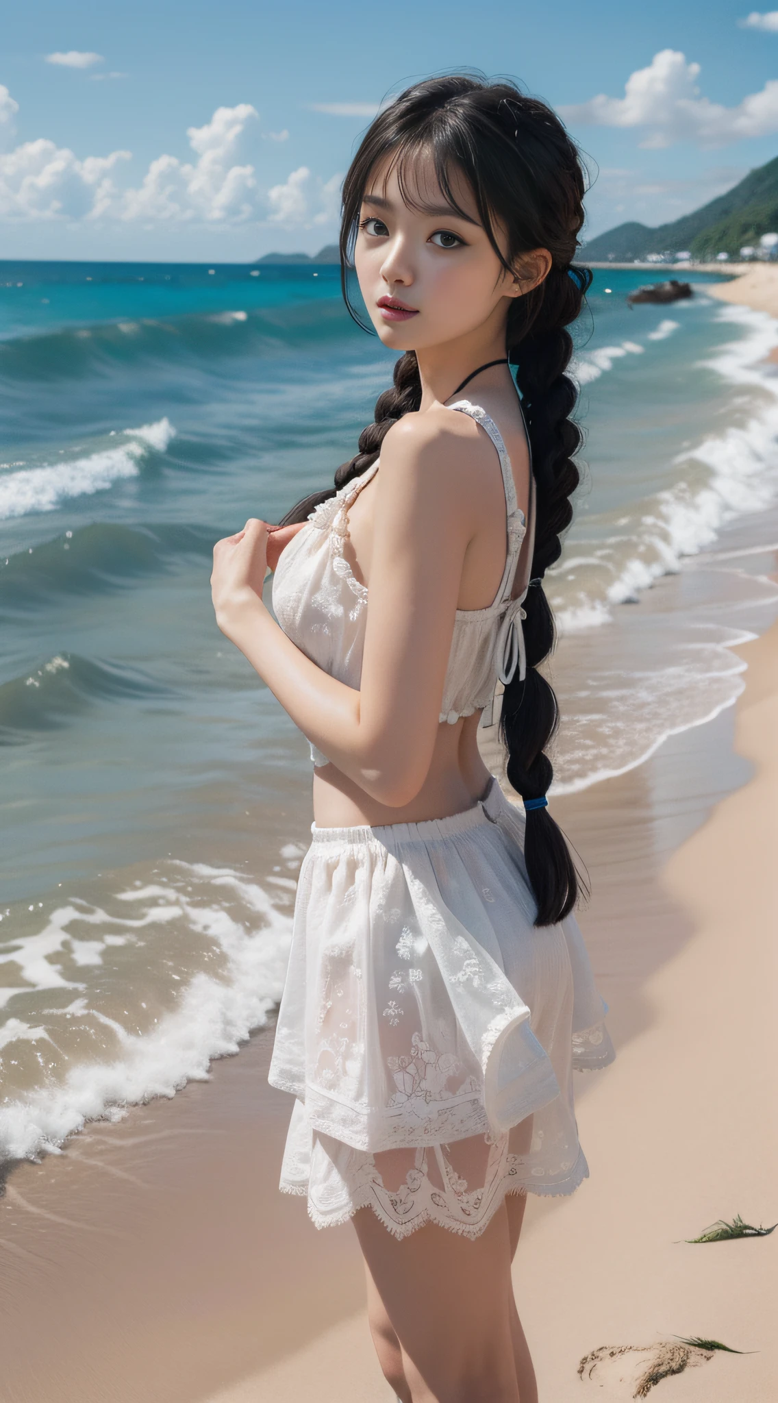 1.Best quality ,Masterpiece, illustration, An extremely delicate and beautiful, Extremely detailed,Best quality, offcial art, Extremely detailed Cg Unity 8K wallpaper, absurderes, hugefilesize , Ultra-detailed, A high resolution ,1girll,Beach photography by the sea,the sea,sandbeach,Positive focus。full bodyesbian;1.5,Twist braids,one piece swimsuit,Openwork lace,short skirt