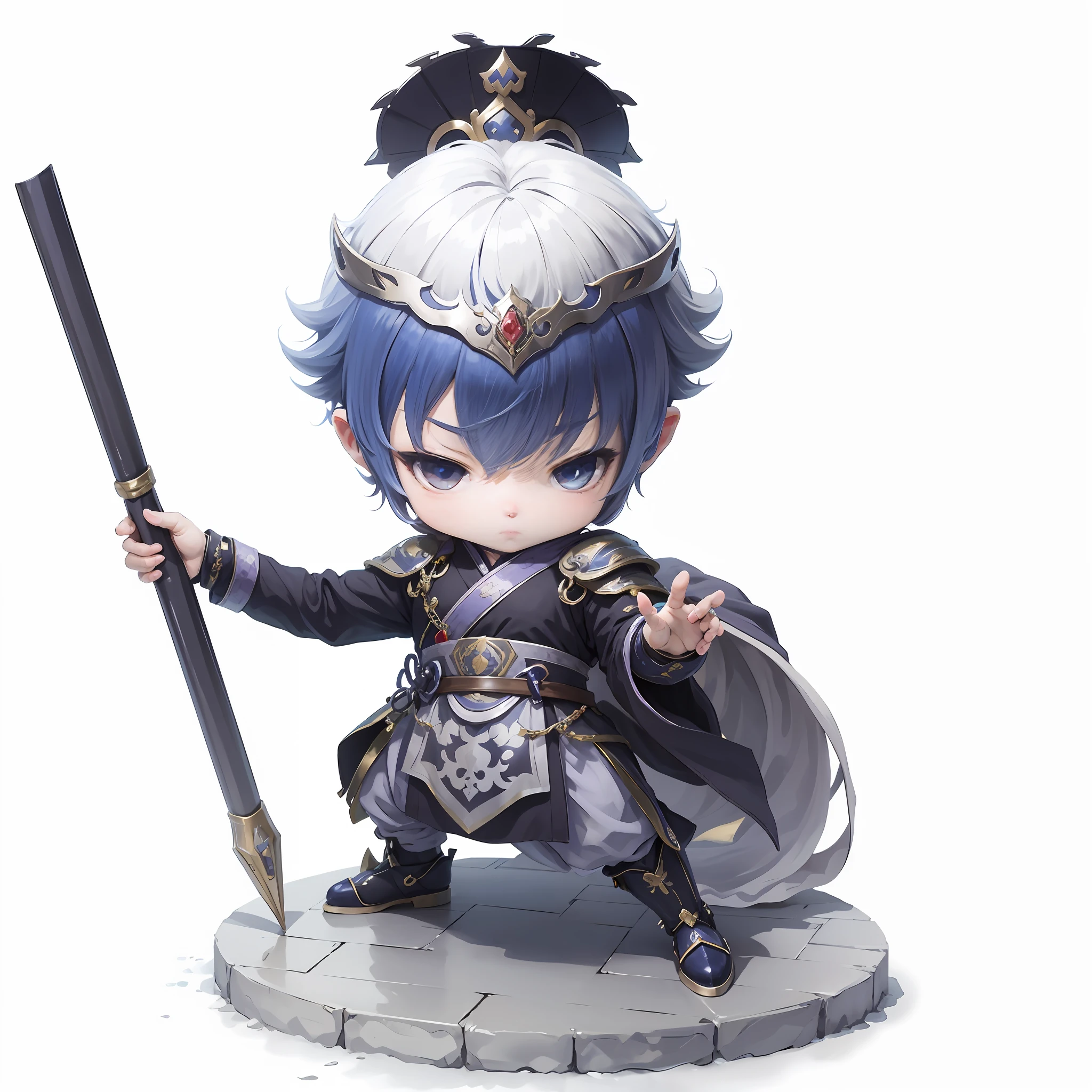 male people，Chibi anime characters，Halberd，（Chinese style），Chinese costumes，Chinese shoes，Refinement，Cloak，Chinese pattern，Silver armor，Horse steps，high definition detail，infinite details，tmasterpiece，HighestQuali，8K
