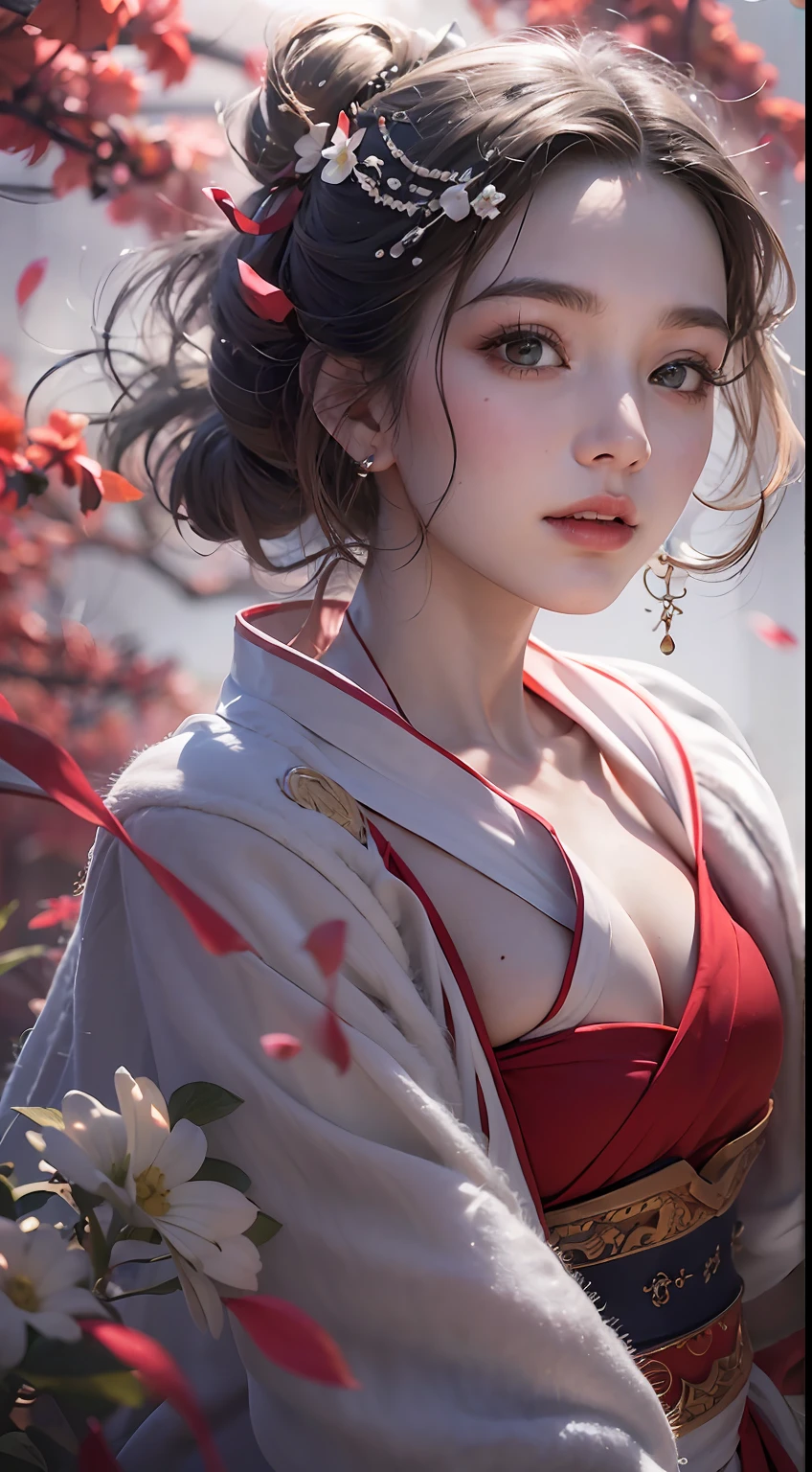 Super high quality, masterpiece, perfect illustration, extreme detail (exquisite light and shadow, highly dramatic picture,) Stroke, 1 girl, solo, (wearing red, black and white Hanfu,) flower field, flowers, (white smoke:1.3) (Realistic:1.4), Zen entanglement, tangled, official art, Unity 8k wallpaper, super detailed, beautiful and beautiful, masterpiece, best quality, (dynamic angle: 1.4), glowing skin, (floating colorful flashes: 1) the most beautiful chaotic forms, elegant, brutalist design, Bright colors, romantic depth of field exotic_dance, half_naked