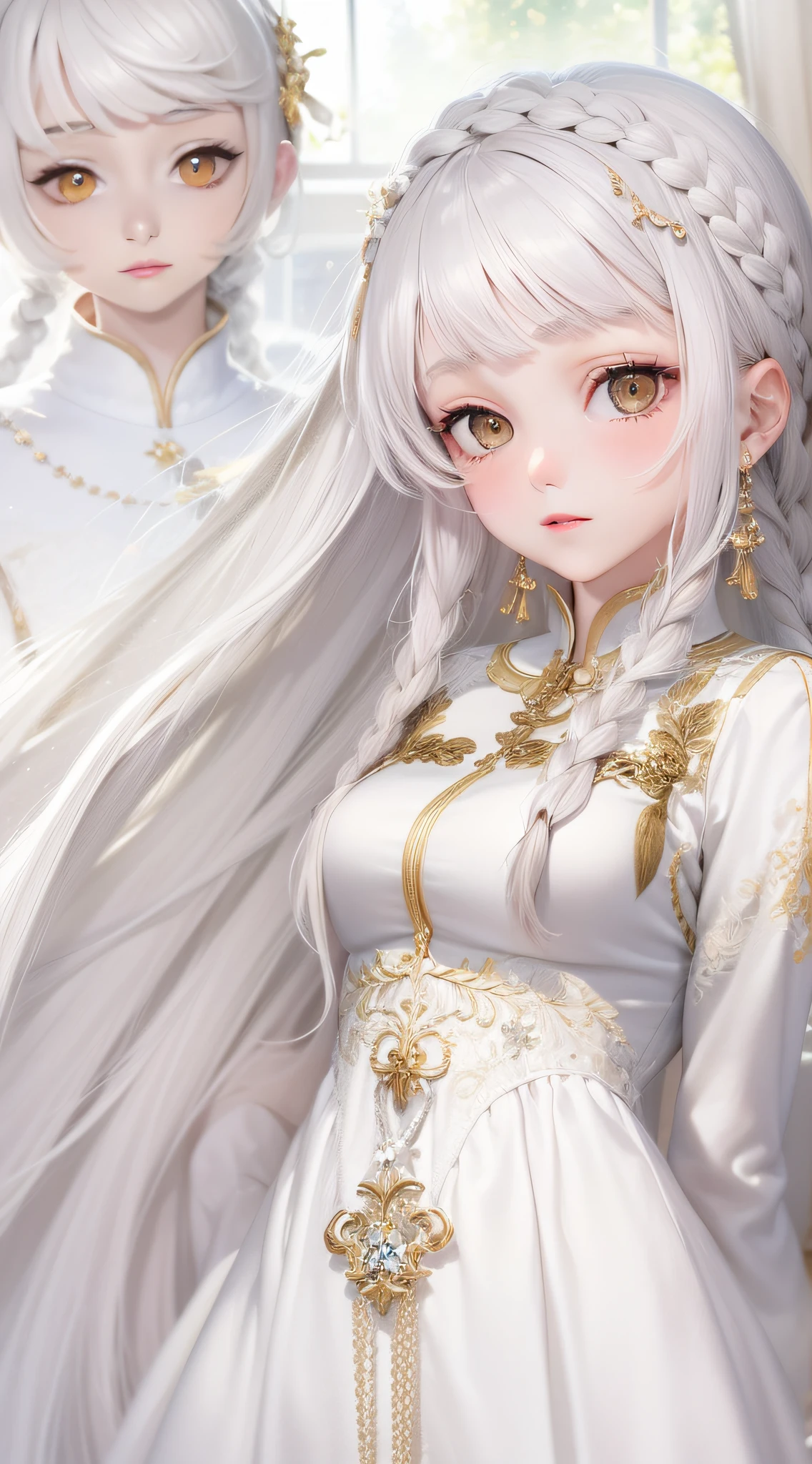 best quality, masterpiece,white hair, gold eyes,white clothes, looking up, upper body,hair strand,Fair skin,side braids