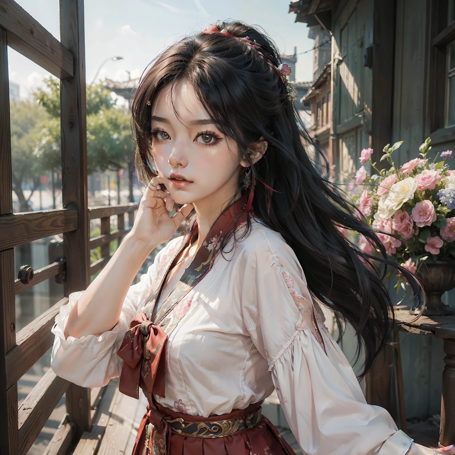 (masterpiece, top quality, best quality, official art, beautiful and aesthetic:1.2),tifa,eyeliner,mascara,Black_eyes,Black_hair,long hair,lipstick,hanfu, tang style outfits, 1girl, pink upper shan, red ????? pleated skirt, green with pink waistband, red pibo,extreme detailed,(fractal art:1.3),colorful,highest detailed,cowboy shot,jewelry,energetic movement,facing viewer,