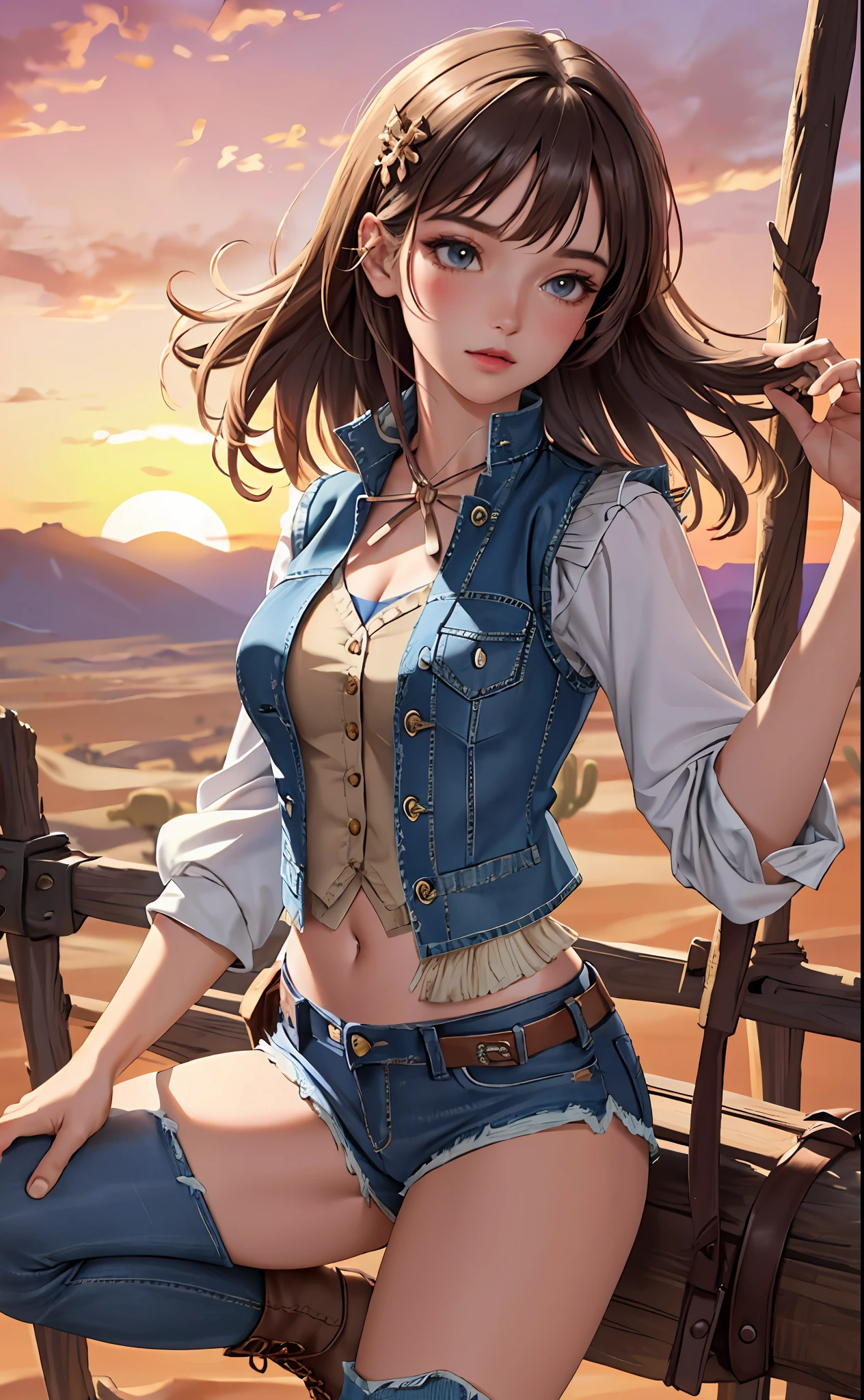 (masterpiece:1.4, best quality), (intricate details), unity 8k wallpaper, ultra detailed, beautiful and aesthetic, perfect lighting, (1girl), dynamic pose, dynamic angle,  lipstick, slim, slim body, medium breasts, (Festival_fringe_vest:1.4),(Ripped_denim_shorts:1.3),(Cowboy_boots:1.2),(Desert_sunset_background:1.4), detailed background, realistic, solo, perfect detailed face, detailed eyes, highly detailed, blush, hair ornament, medium hair,