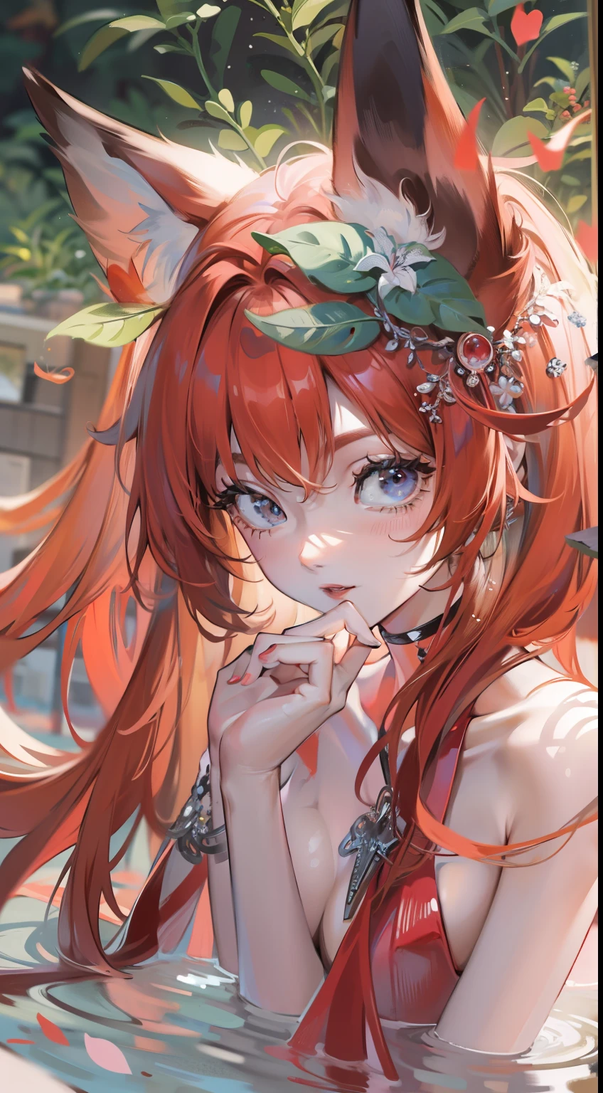young girl, long red hair, fox ears, Cyan eyes, Naked, ssmile, Masterpiece, hiquality