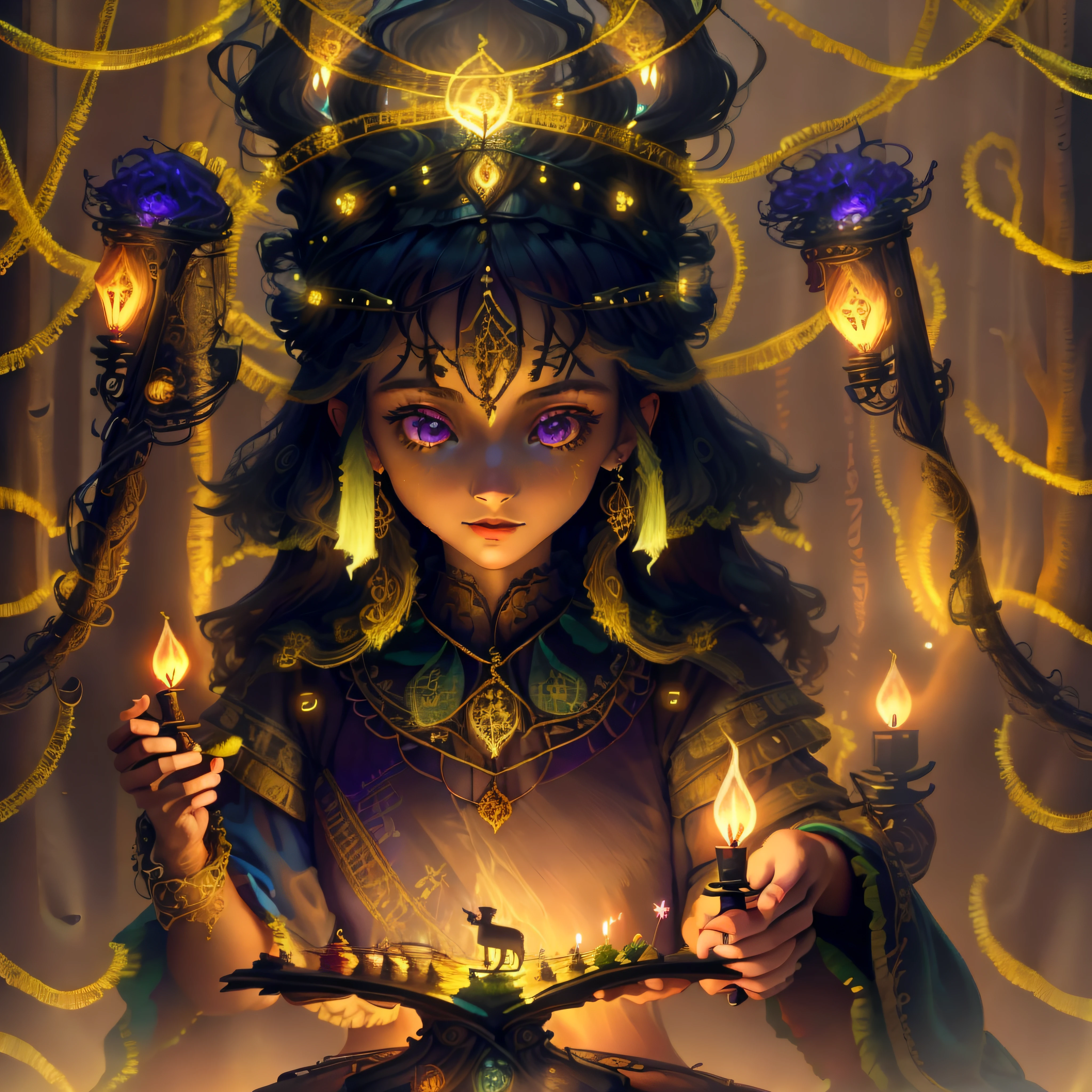 In the dimly lit room, a mysterious fortune teller shuffles a deck of tarot cards with a practiced hand. Soft candlelight flickers, casting eerie shadows on the worn wooden table. As the cards are laid out, the intricate illustrations come to life, revealing glimpses into the past, present, and future. The atmosphere is filled with a sense of anticipation and intrigue, with a touch of mysticism. The colors are deep and rich, with hints of gold and purple, reminiscent of a painting by Salvador Dali.