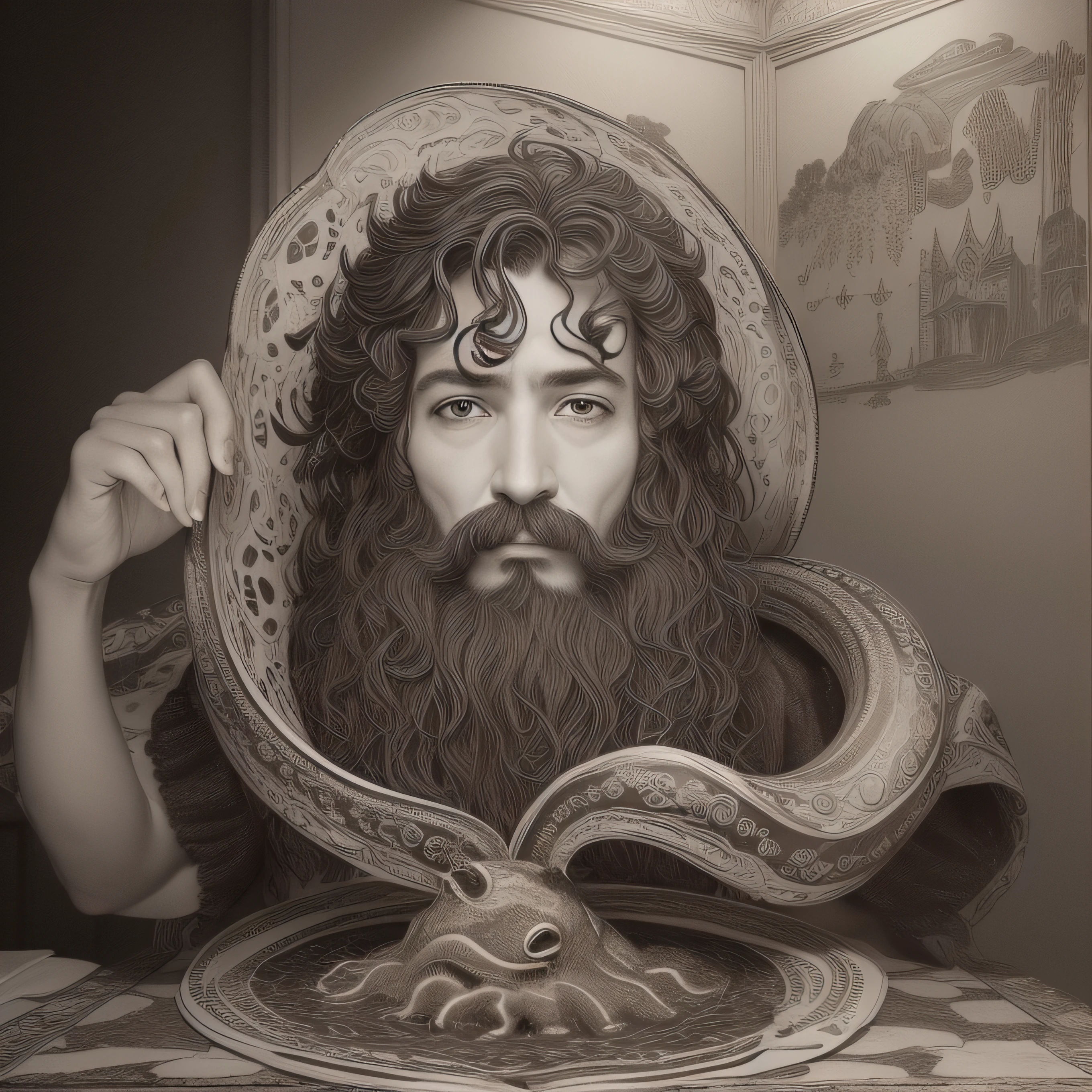 (extremadamente detallado, obra maestra, La mejor calidad), Estilo oscuro, intense illumination, rostro con arrugas, lengua larga, tentacle, deforme, monstruoso, alien con Colmillos finos, pico de pulpo amenazante. manchas de tinta. Rococo composition. Luz de caravaggio