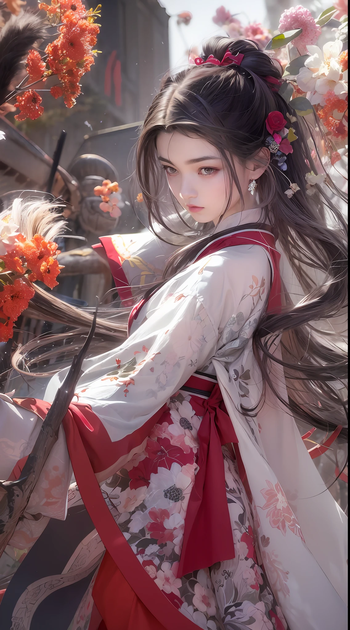 Super high quality, masterpiece, perfect illustration, extreme detail (exquisite light and shadow, highly dramatic picture,) Stroke, 1 girl, solo, (wearing red, black and white Hanfu,) flower field, flowers, (white smoke:1.3) (Realistic:1.4), Zen entanglement, tangled, official art, Unity 8k wallpaper, super detailed, beautiful and beautiful, masterpiece, best quality, (dynamic angle: 1.4), glowing skin, (floating colorful flashes: 1) the most beautiful chaotic forms, elegant, brutalist design, Bright colors, romantic depth of field exotic_dance, half_naked