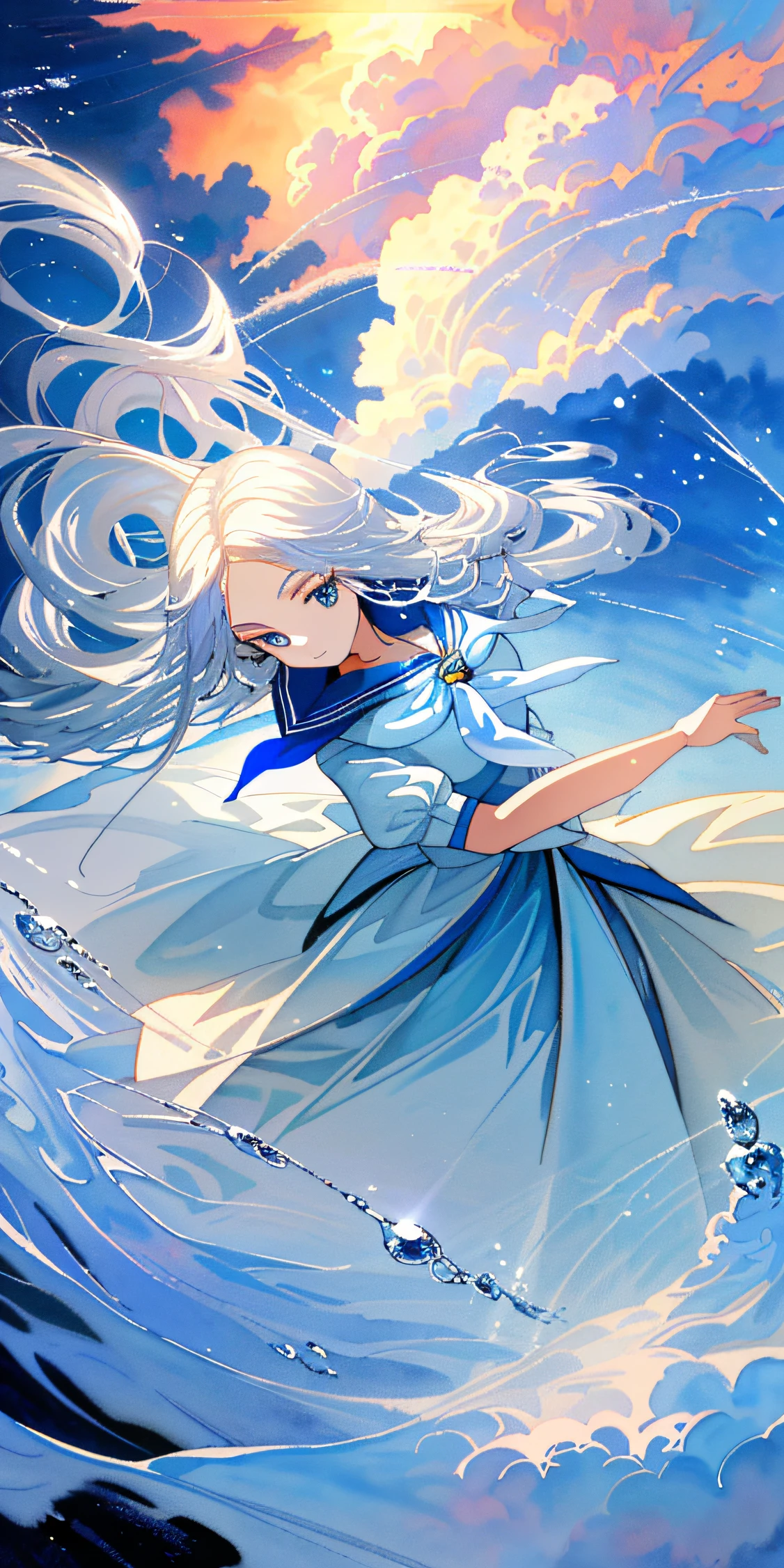 "(tmasterpiece,Best picture quality,HD super detail CG wallpaper,The most beautiful illustration,Extremely Delicately Beautiful,pompous,A high resolution,dynamic angle,Dynamic pose,1个Giant Breast Girl,blue color eyes,snow white hair,White college attire,neckerchief,Nice face,too many drops of water,Clouds,eventide,wide wide shot,Watercolor effect)"