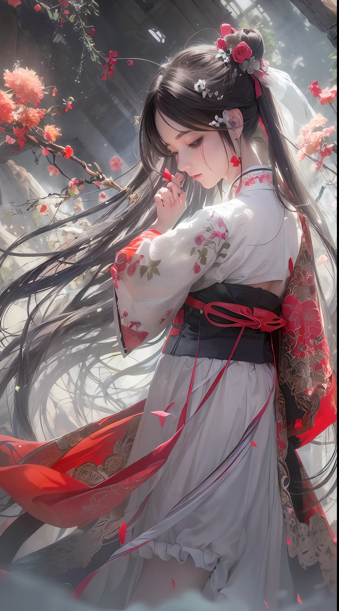 Super high quality, masterpiece, perfect illustration, extreme detail (exquisite light and shadow, highly dramatic picture,) Stroke, 1 girl, solo, (wearing red, black and white Hanfu,) flower field, flowers, (white smoke:1.3) (Realistic:1.4), Zen entanglement, tangled, official art, Unity 8k wallpaper, super detailed, beautiful and beautiful, masterpiece, best quality, (dynamic angle: 1.4), glowing skin, (floating colorful flashes: 1) the most beautiful chaotic forms, elegant, brutalist design, Bright colors, romantic depth of field exotic_dance, half_naked