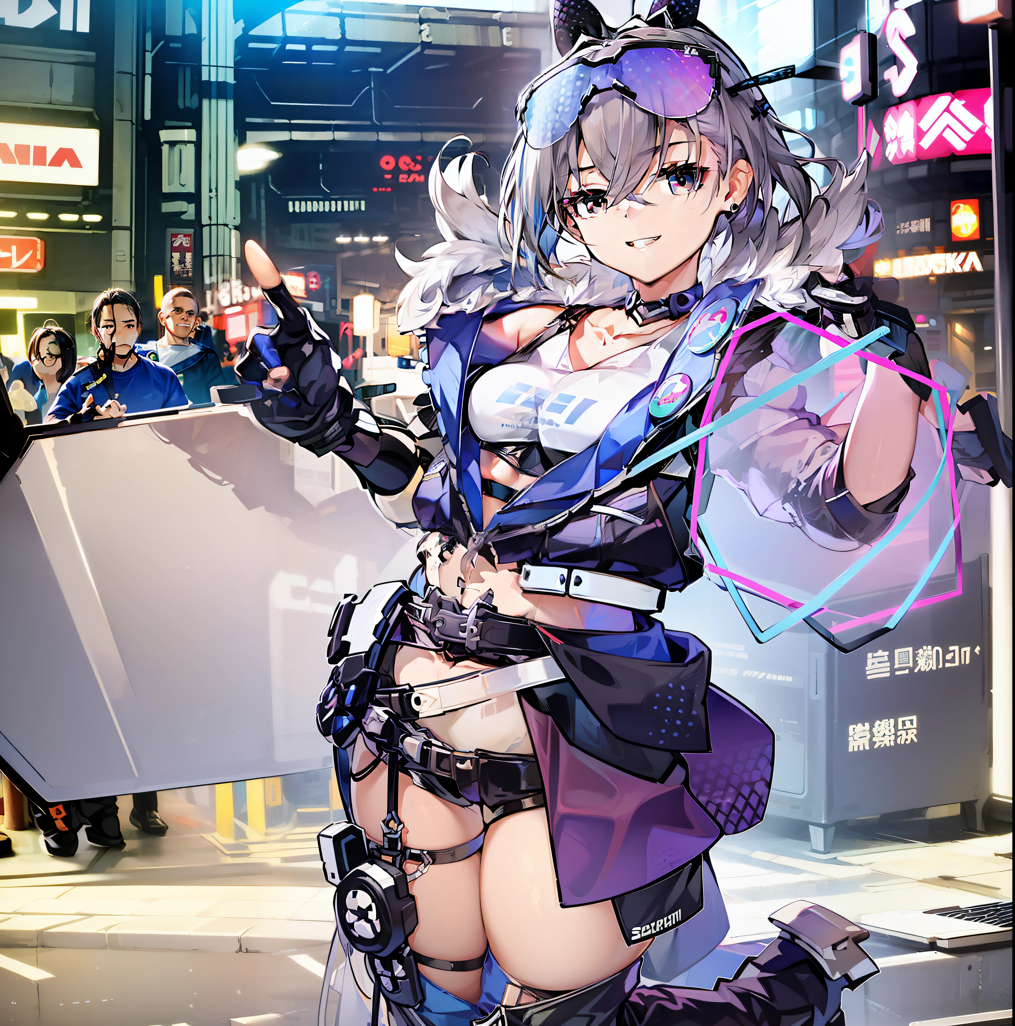Beautiful woman medium hair、hated、cyberpunked、a short bob、a blond、White Summer Knitted Cap、 odd eye、blue right eye、Green left eye、Blue Leather Vest、Long white T-shirt、White Cargo Pants、Black Engineer Boots、head phone、Carried a sword on his back Japan、Sprint、In front of Shibuya Station、natta、Well-formed fingertips of both hands、Full body like、Colossal tits、A smile、Extend your left hand to us