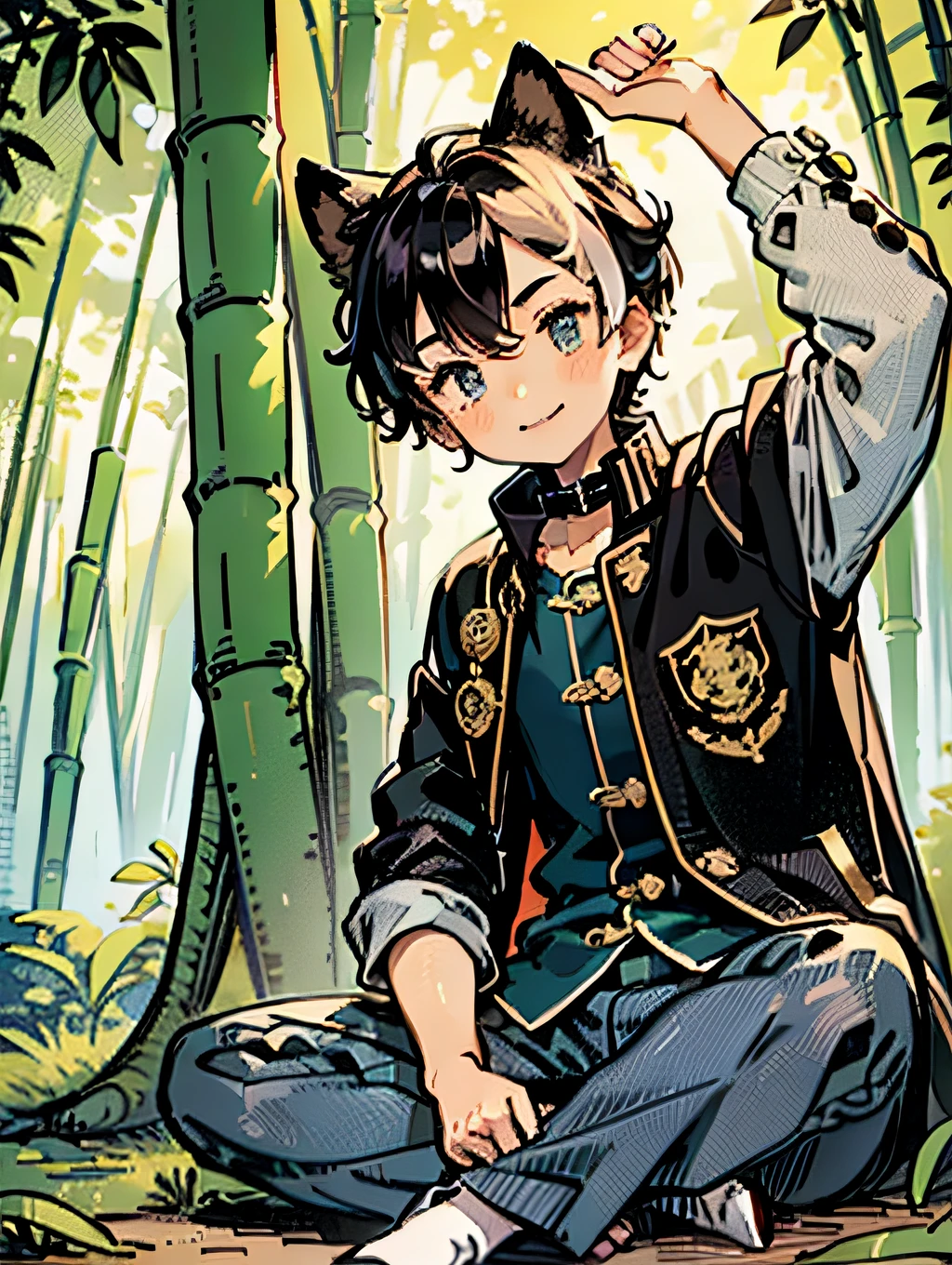 one screen、sigle screen、Propose a very attractive design、独奏、one boy、modern、Boy in pants、Modern Japan Male Student、Boy in school uniform、All black uniforms、14-year-old boy、Boy with short hair、Katsushika Hokusai-kaze、Natural color design、Bold and beautiful plant design、Bamboo motifs、Long stretched bamboo design、Bamboo forest background、Detailed diagram of the pattern、With the highest quality、Masterpiece、hight resolution、Artistic style、Postcard Design、Balanced design、Attractive composition、Emotional Art、Beautiful light production、Aerial perspective、japanese aesthetic、4K resolution、Gorgeous background art、Attributes of boys（a smile、Hanging eyes、student clothes、long trousers、slacks、gakuran、tight collar、Black School Uniform、Black stuffed collar jacket、Jacket with golden buttons、school uniform、military uniform、male people、Little Boy、Bullish personality、Dignified、Strong-willed eyes、Beautiful Boys、nobility、A dark-haired、straight haired、short-hair、Natural hairstyle、Honor Students、Good impression）
