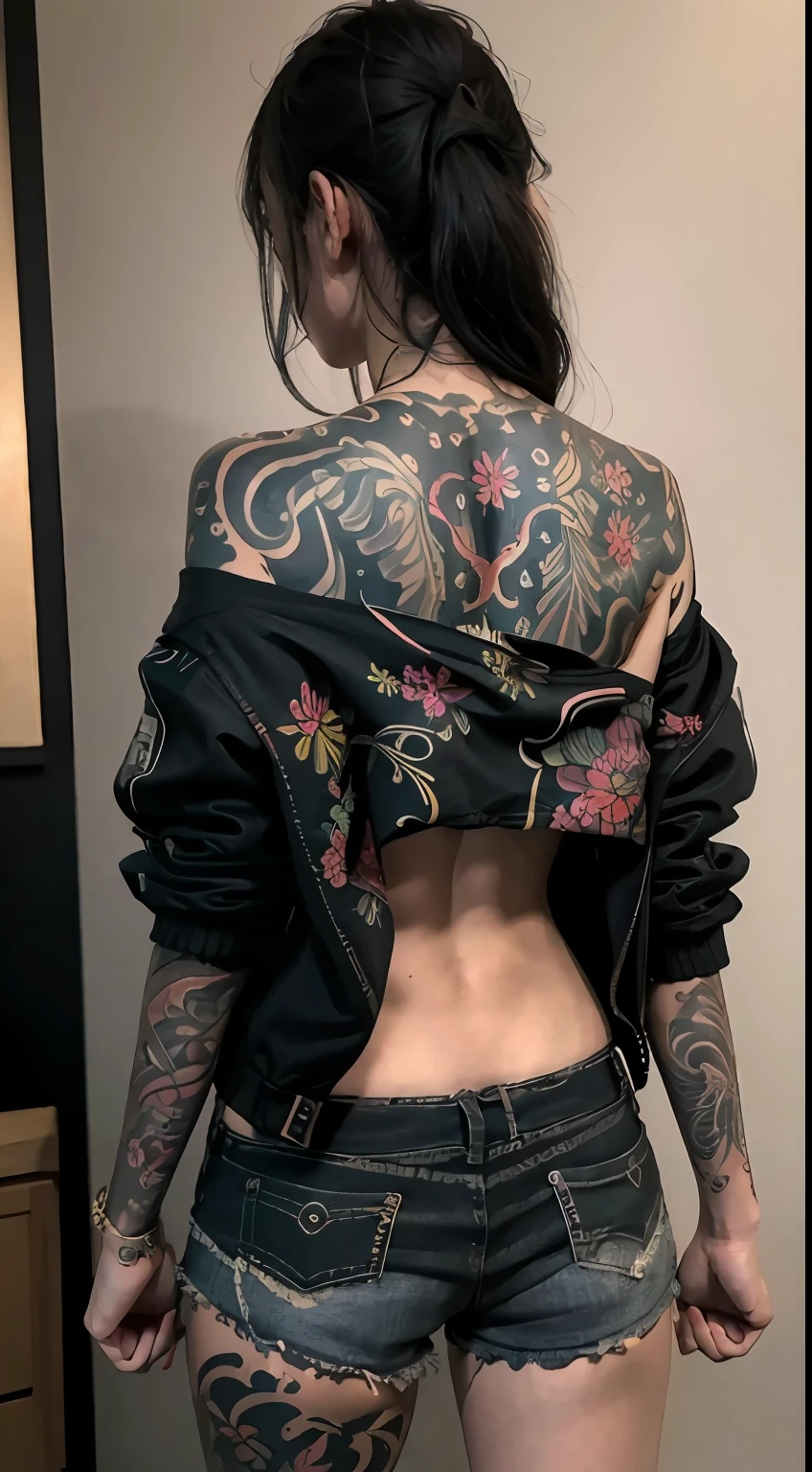 （（best qualtiy））， （（tmasterpiece））， （The is very detailed：1.3）， Kizi，Raised sexy，Detailed colored tattoos，Ragged shorts on the bottom，Wear only an open jacket on the upper body，long whitr hair，NSFW，