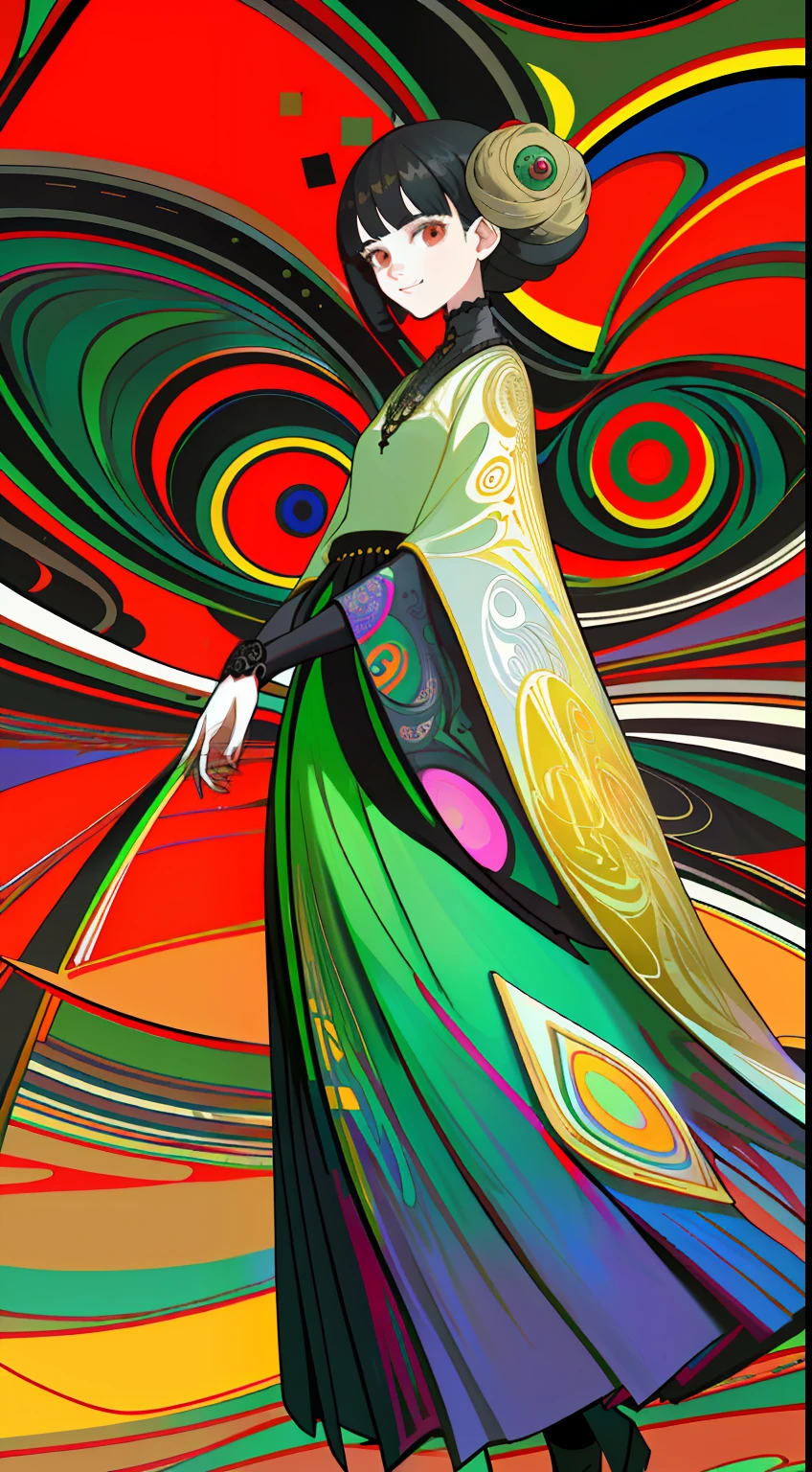 After abstraction，Impressionistic style，The painting is intricate with decorative lines，Black and red accents{{Manhwa Style}}，FashionMagCover，Excessive sense of design{{full bodyesbian}}teens girl，Abstractionism，{{{Intricate decorative lines，Geometry}}}，Gray-red, black, blue-green accents，Strong visual impact，high saturated，confident smile，seminude，white dresses，teens girl，nobles，Strong sense of design，Standing painting