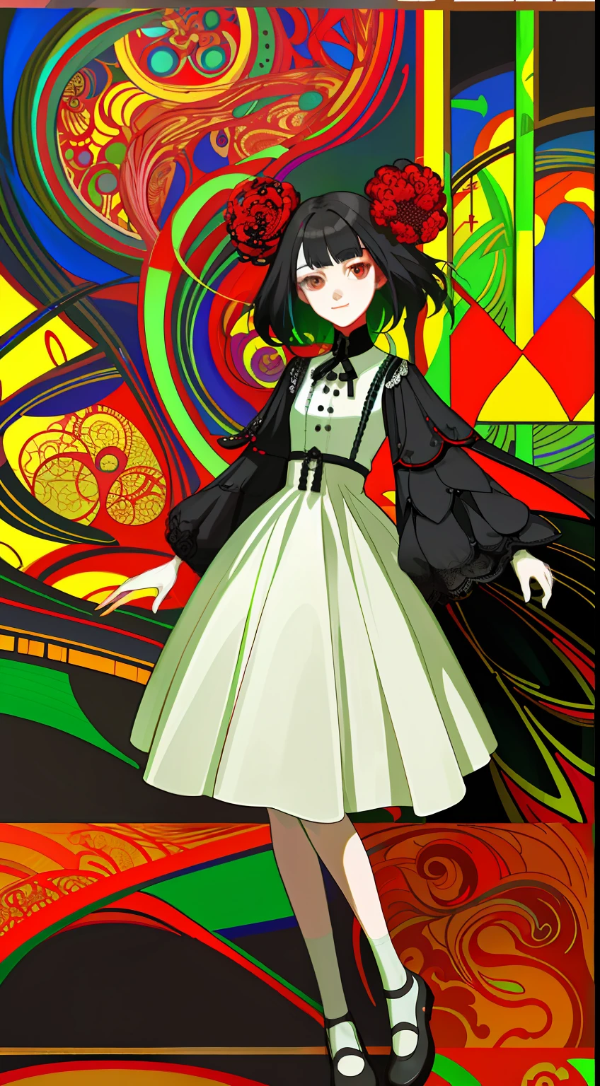 After abstraction,Impressionistic style,The painting is intricate with decorative lines,Black and red accents{{Manhwa Style}},FashionMagCover,Excessive sense of design{{full bodyesbian}}teens girl,Abstractionism,{{{Intricate decorative lines,Geometry}}},Gray-red, black, blue-green accents,Strong visual impact,high saturated,confident smile,seminude,white dresses,teens girl,nobles,Strong sense of design,Standing painting
