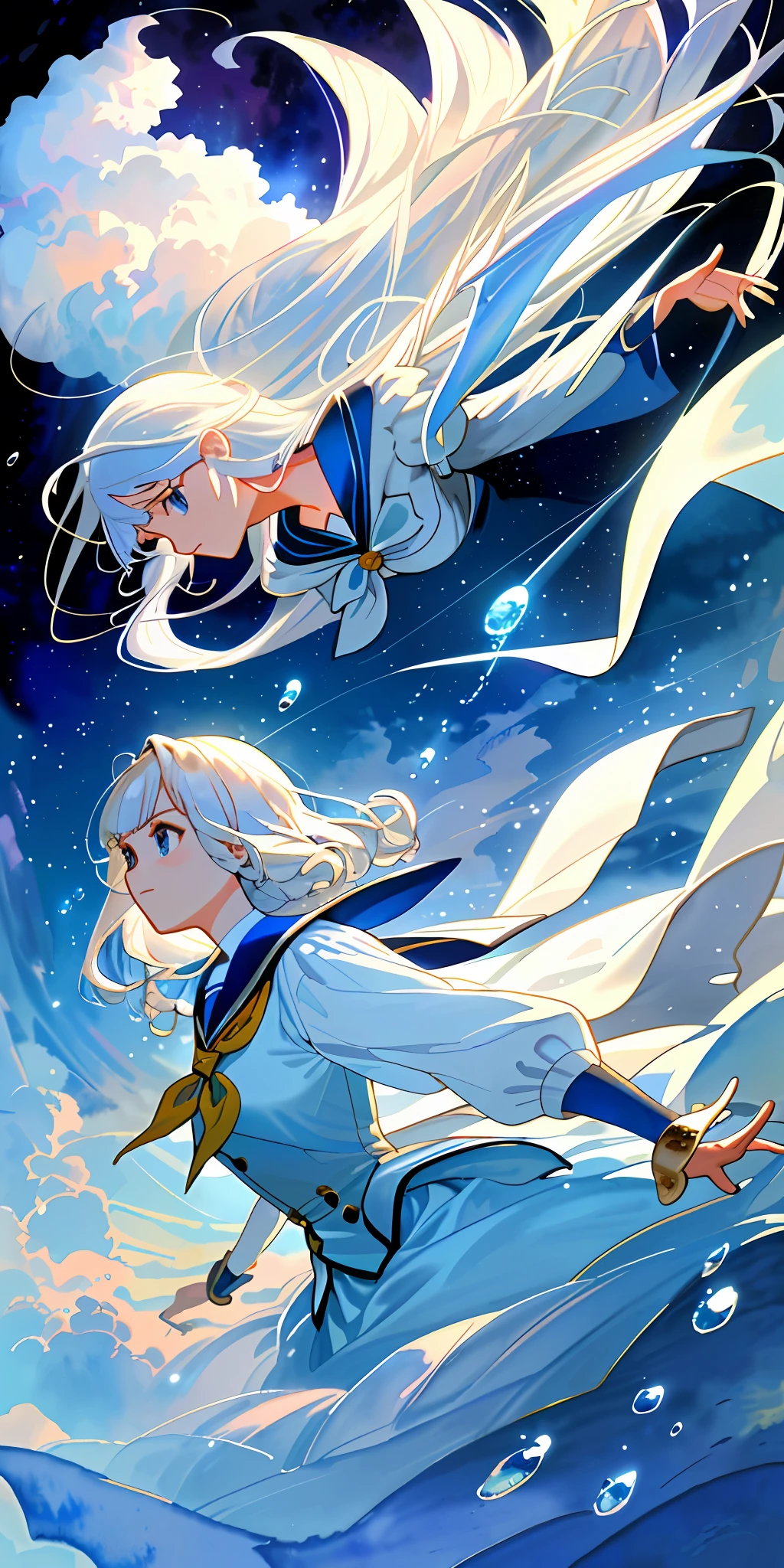 "(tmasterpiece,Best picture quality,HD super detail CG wallpaper,The most beautiful illustration,Extremely Delicately Beautiful,pompous,A high resolution,dynamic angle,Dynamic pose,1个Giant Breast Girl,blue color eyes,snow white hair,White college attire,neckerchief,Nice face,too many drops of water,Clouds,eventide,wide wide shot,Watercolor effect)"