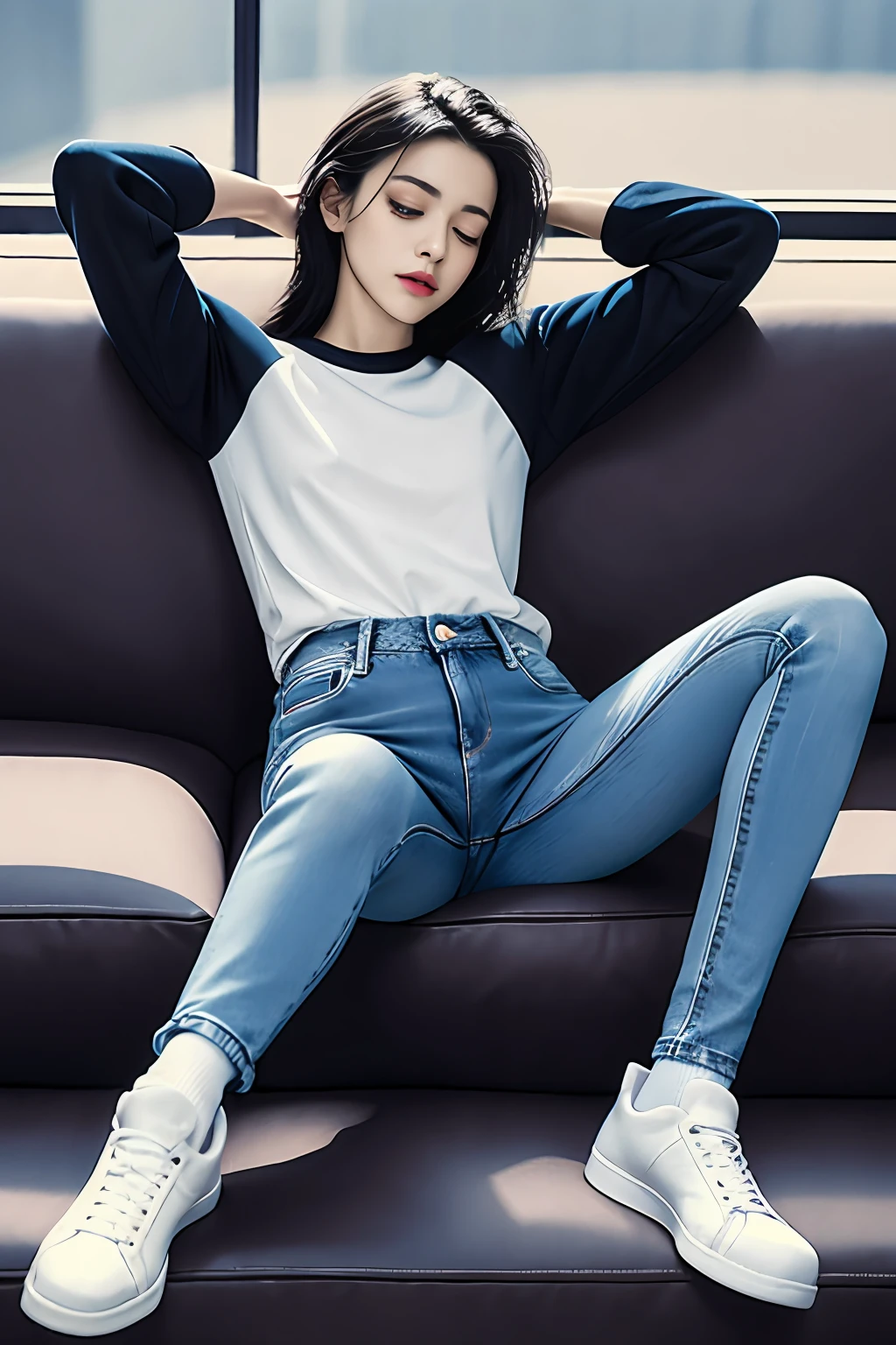 Masterpiece, Superb breathtaking views, Perspective, extremery best quality, extremery detailed CG, 8K wallpaper, high resolution, highly detaiiled face, Highly restricted eyes,Perfect anatomy,Super detailed skin,
(Dynamic Angle, Dynamic pose:1.2), Indoors, Living room, window, (Portrait, legs focus, Close one eye:1.3), (Beautiful face, Beautiful eyes, Beautiful legs:1.3),
1 girl, Solo, (tee shirt, Skinny jeans:1.3), Long sleeves, Medium breasts, Black hair, Long hair, Floating hair, short detailed hair, (Ankle socks:1.3), Brown eyes, (on a sofa, Sitting:1.3), (Spread legs:1.2), Break, (Torn jeans:1.3), (Abs, navel, :0.8), Arms up, Skinny, Slender, NSFW