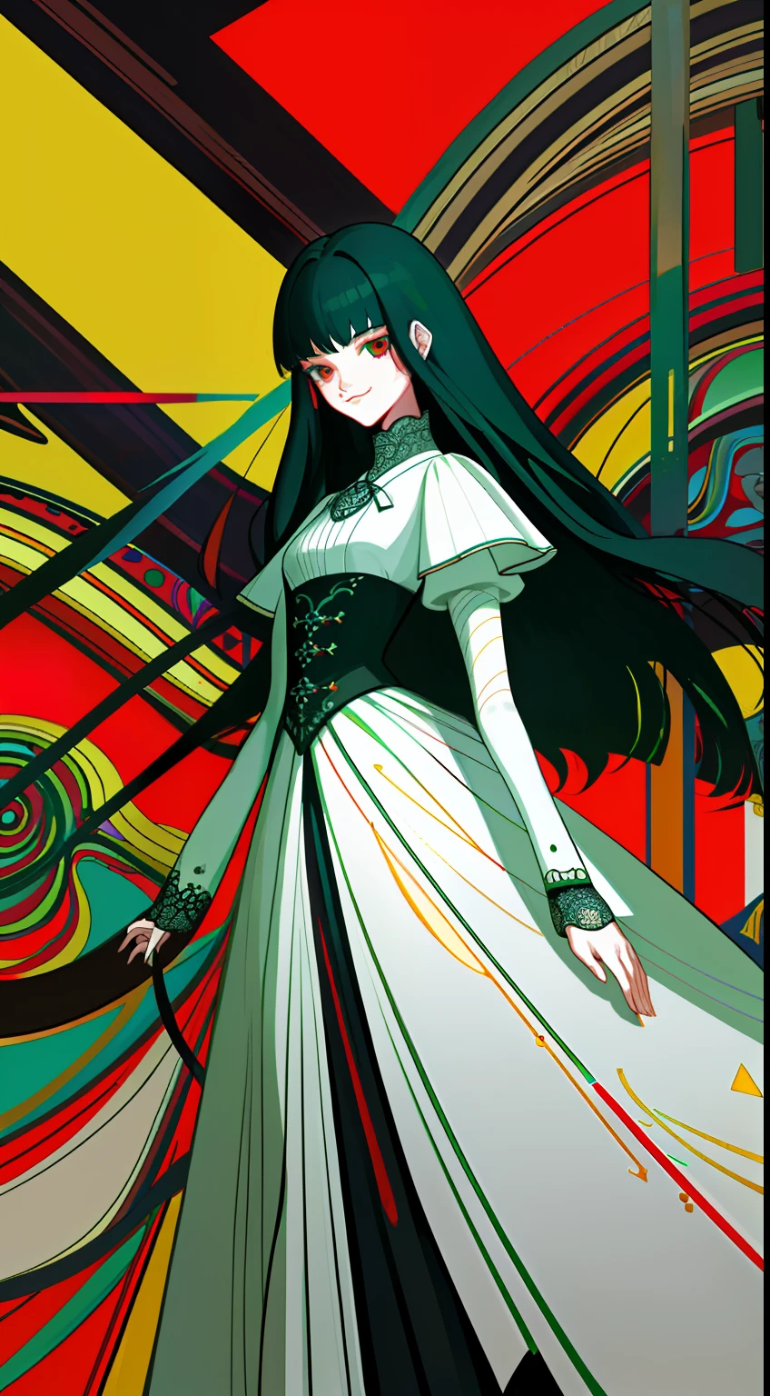 After abstraction，Impressionistic style，The painting is intricate with decorative lines，Black and red accents{{Manhwa Style}}，FashionMagCover，Excessive sense of design{{full bodyesbian}}teens girl，Abstractionism，{{{Intricate decorative lines，Geometry}}}，Gray-red, black, blue-green accents，Strong visual impact，high saturated，confident smile，seminude，white dresses，teens girl，nobles，Strong sense of design，Standing painting