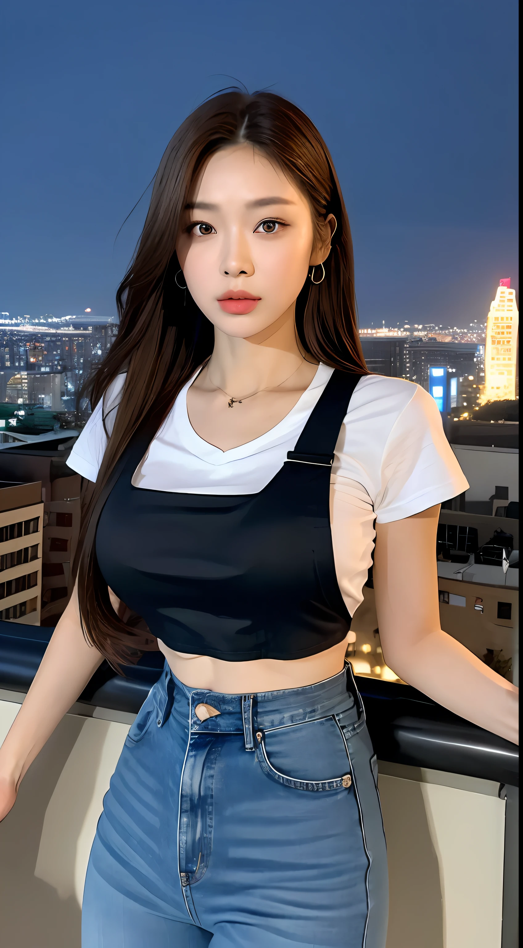 ((Midnight, Best quality, 8k, Masterpiece :1.3)), Whole body, Long legs, Sharp focus :1.2, A pretty woman with perfect figure :1.4, Slender abs :1.1, ((Dark brown hair, Big breasts :1.2)), (White tight tshirt, Jean bib, Standing:1.2), ((Night city view, Rooftop:1.3)), Highly detailed face and skin texture, Detailed eyes, Double eyelid