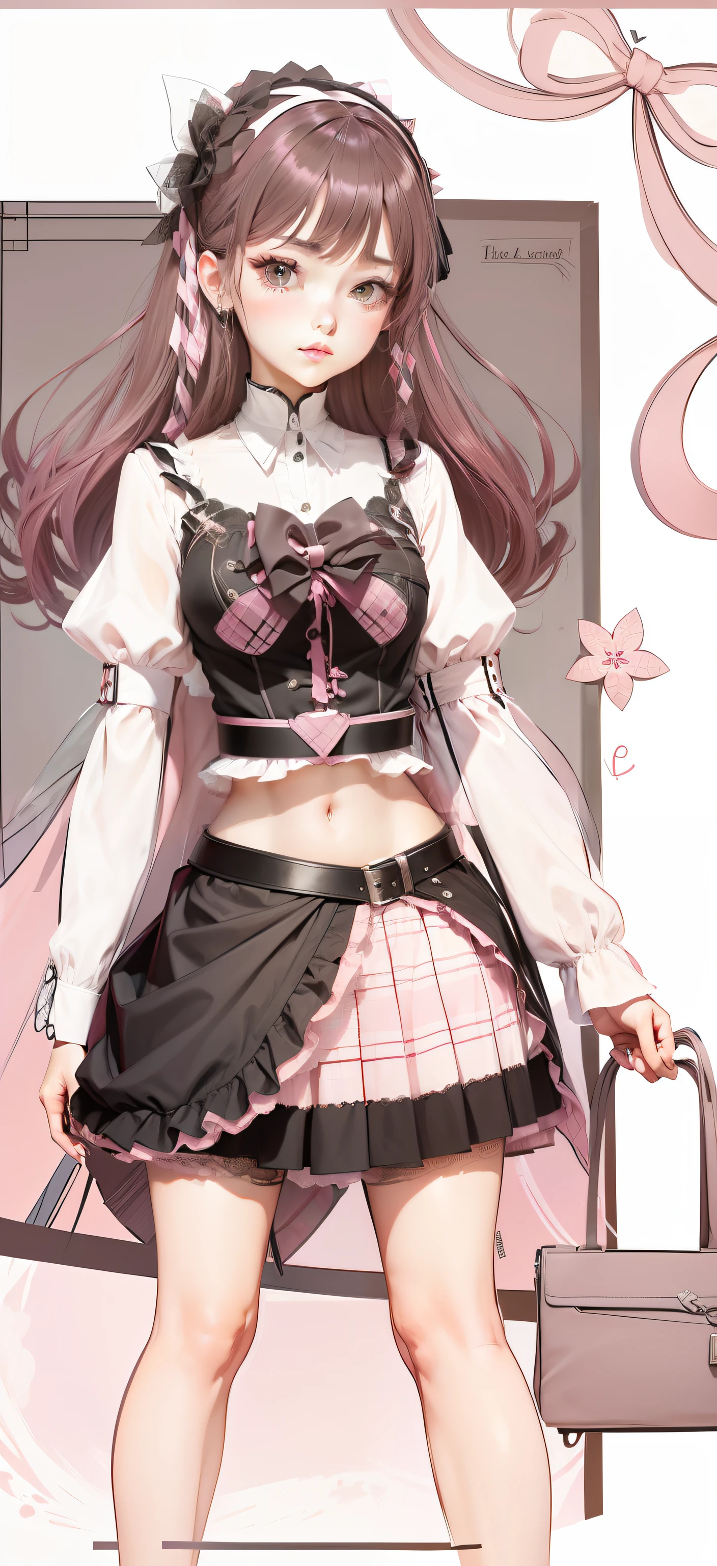 Pink and black checkered,There is a lace skirt hem,There is a love belt around the waist