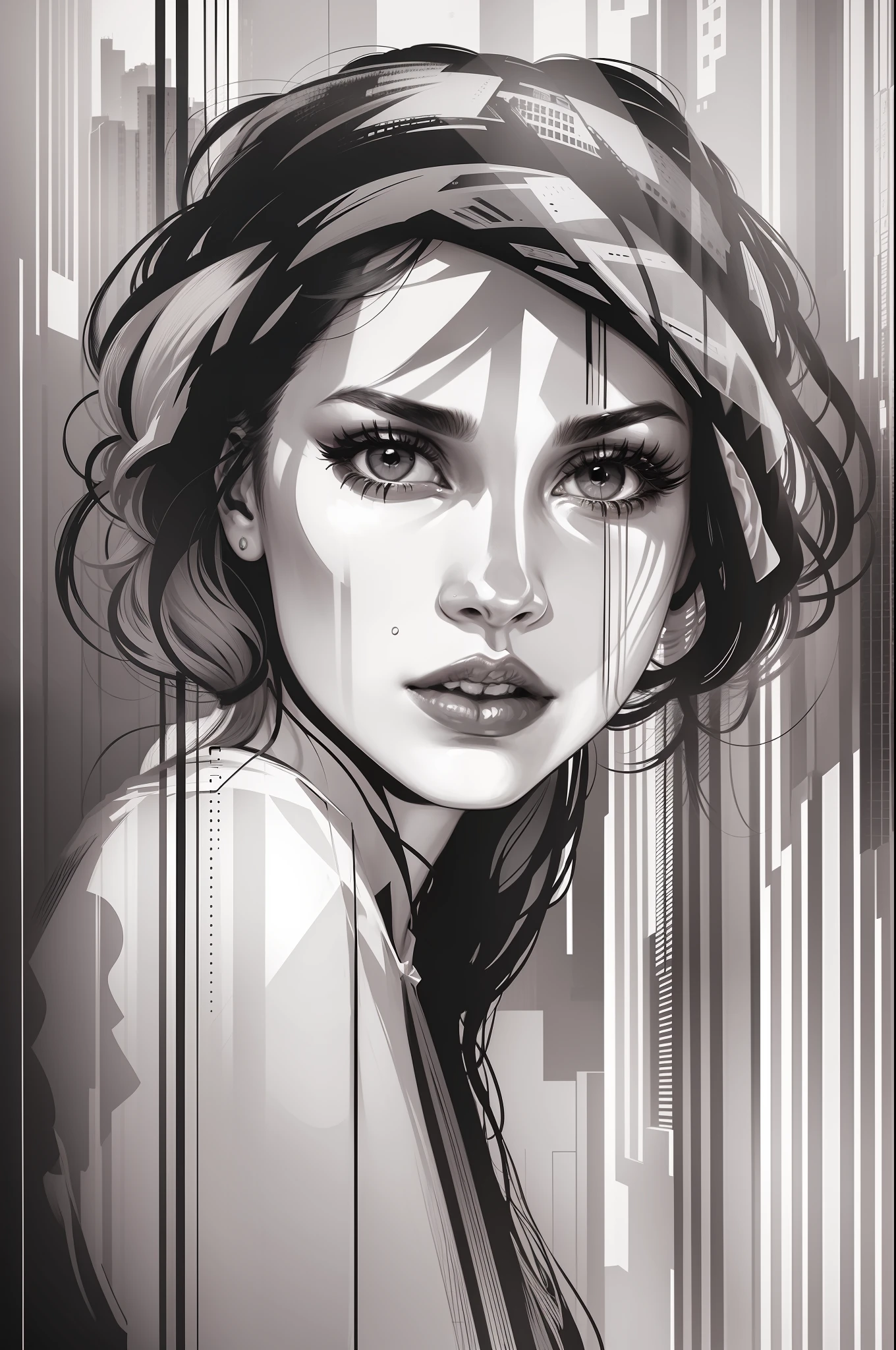Young woman, singer, in the style of anton corbijn, simple lines, vectorial art, black and white portait