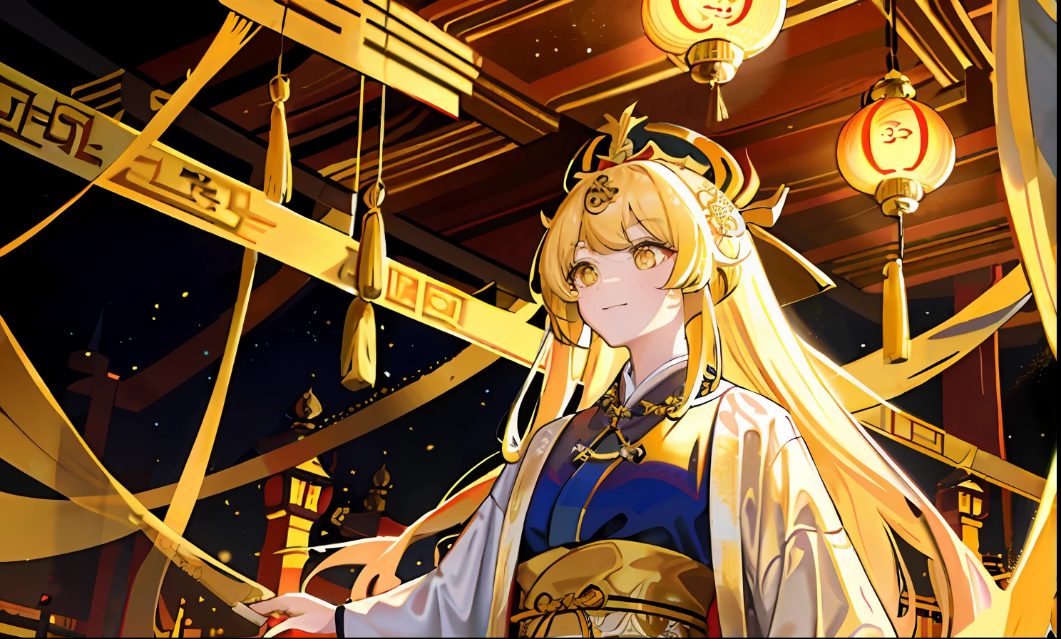1girll, Qing Dynasty Yellow Dragon Banner,Qing dynasty yellow dragon robe,Looking up at the perspective,cabellos largos dorados,Golden eyes,Golden decoration,Divine golden light,divino,gold light,Majesty